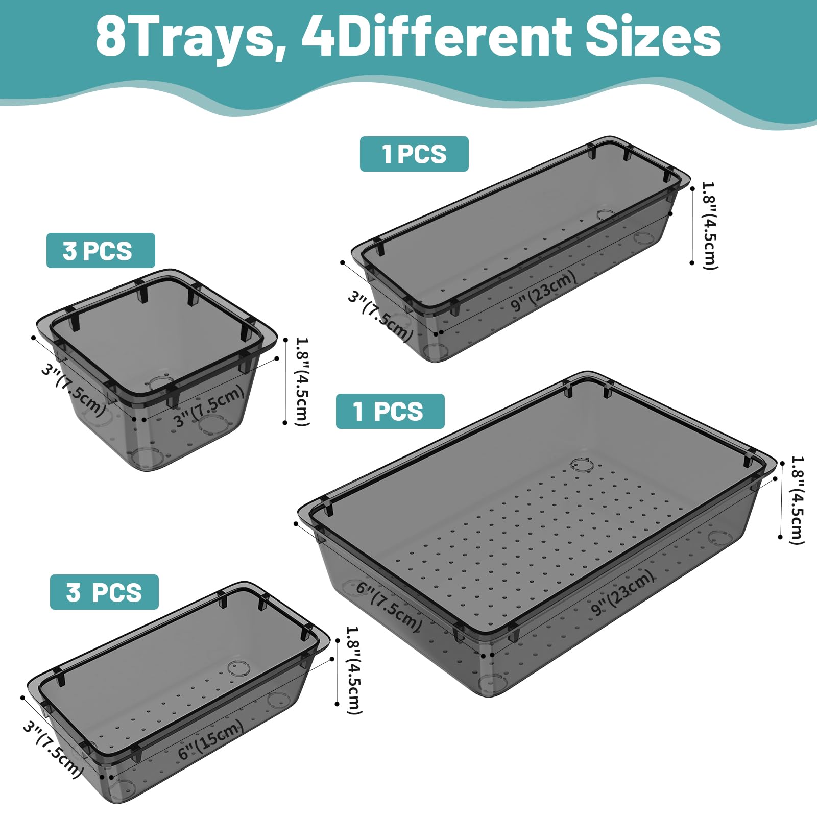 WOWBOX 8 PCS Clear Plastic Drawer Organizer Set, 4 Sizes Desk Drawer Organization and Storage Containers for Makeup, Cosmetics,