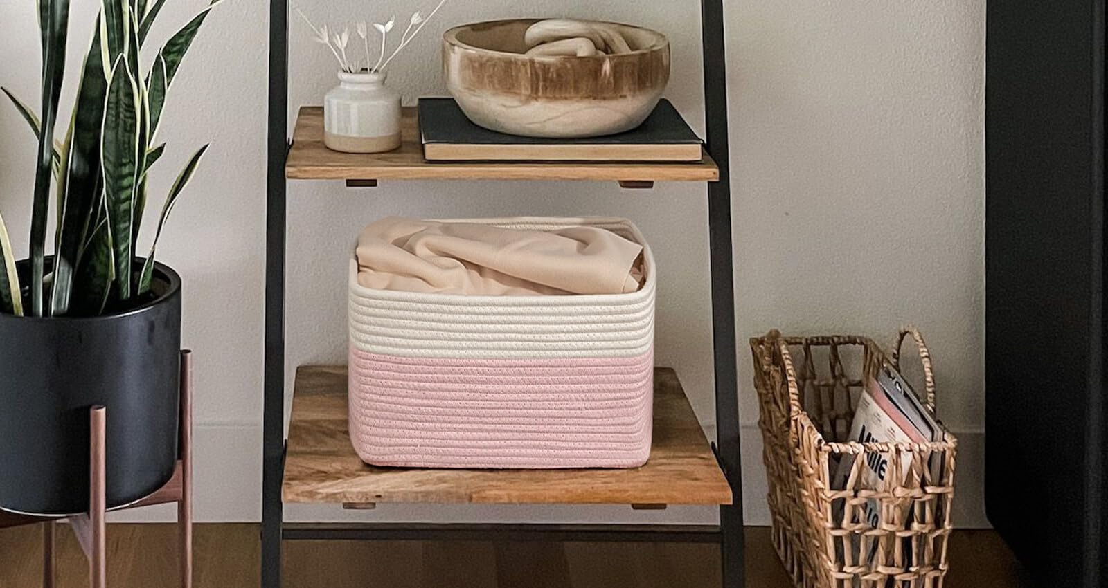 Kriitools Pink Girls Baby Nursery Rope Toys Baskets , Decorative Woven Storage Baskets For Gift, Cubes Storage Organizer Baskets