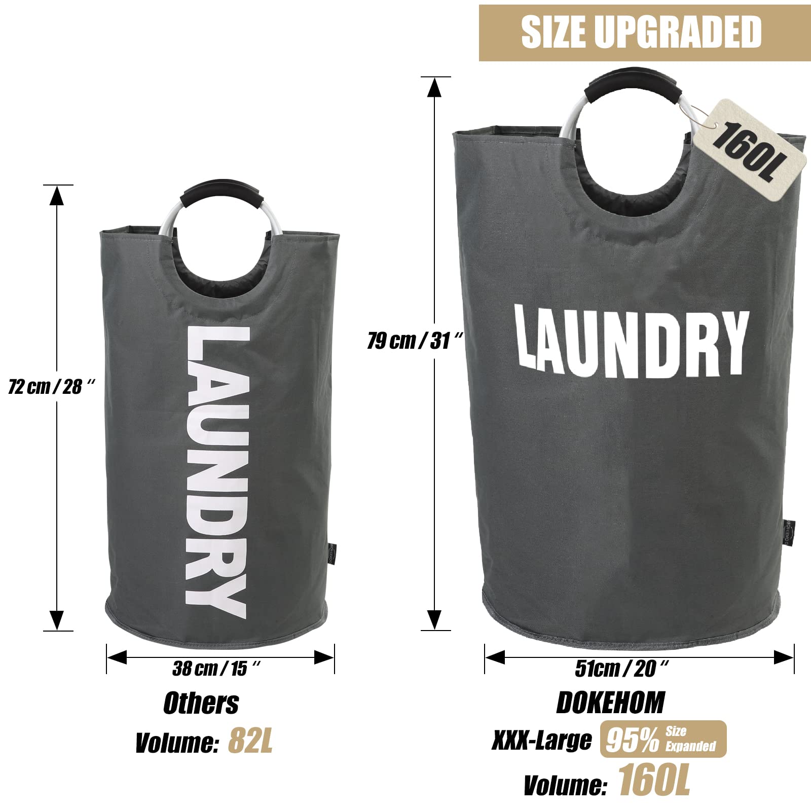 DOKEHOM 160L XX-Large Laundry Basket (7 colors)  collapsible Laundry Bag  Foldable Laundry Hamper  Folding Washing Bin (Dark grey  XXL)