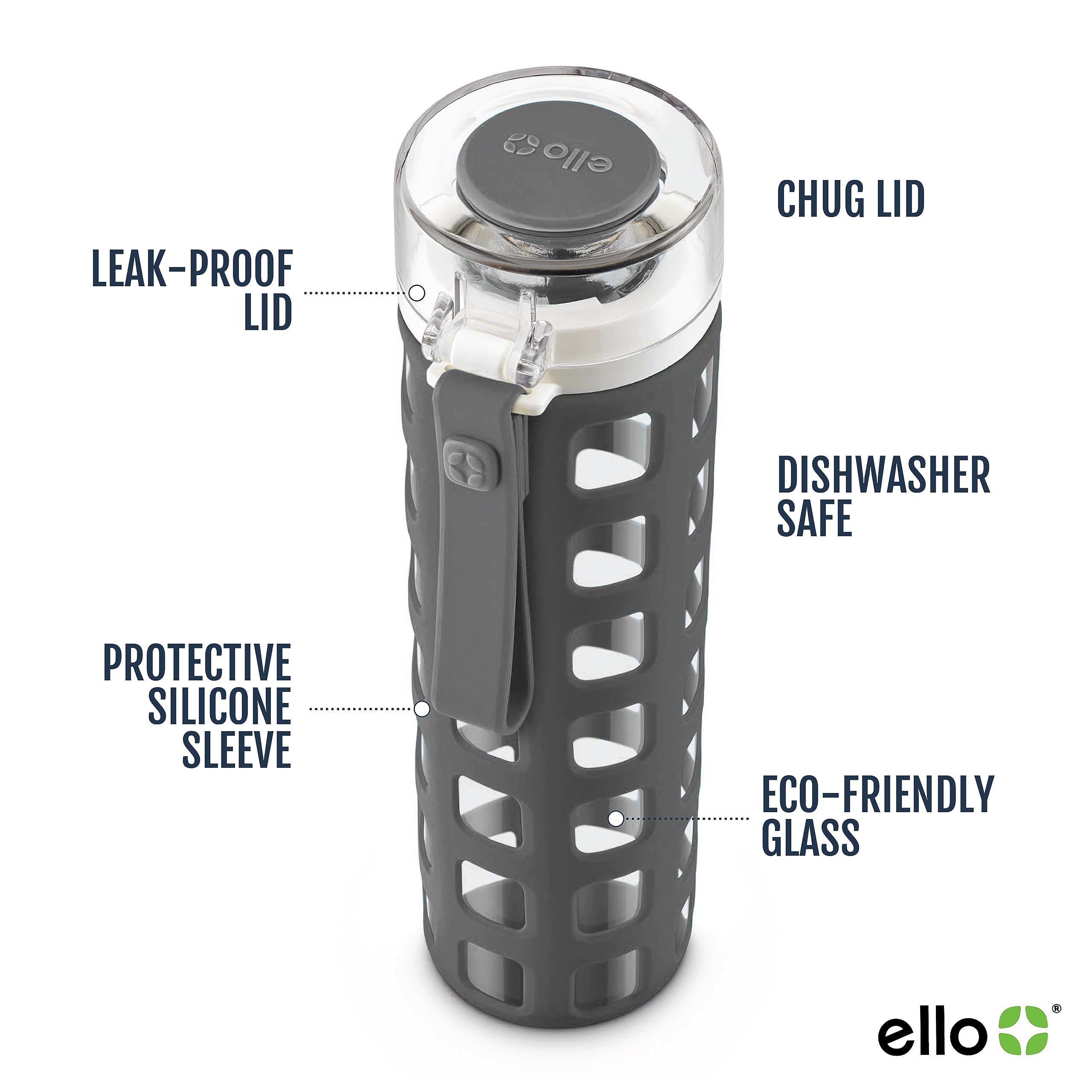 Ello Syndicate Glass Water Bottle with One-Touch Flip Lid  Grey   20-ounce