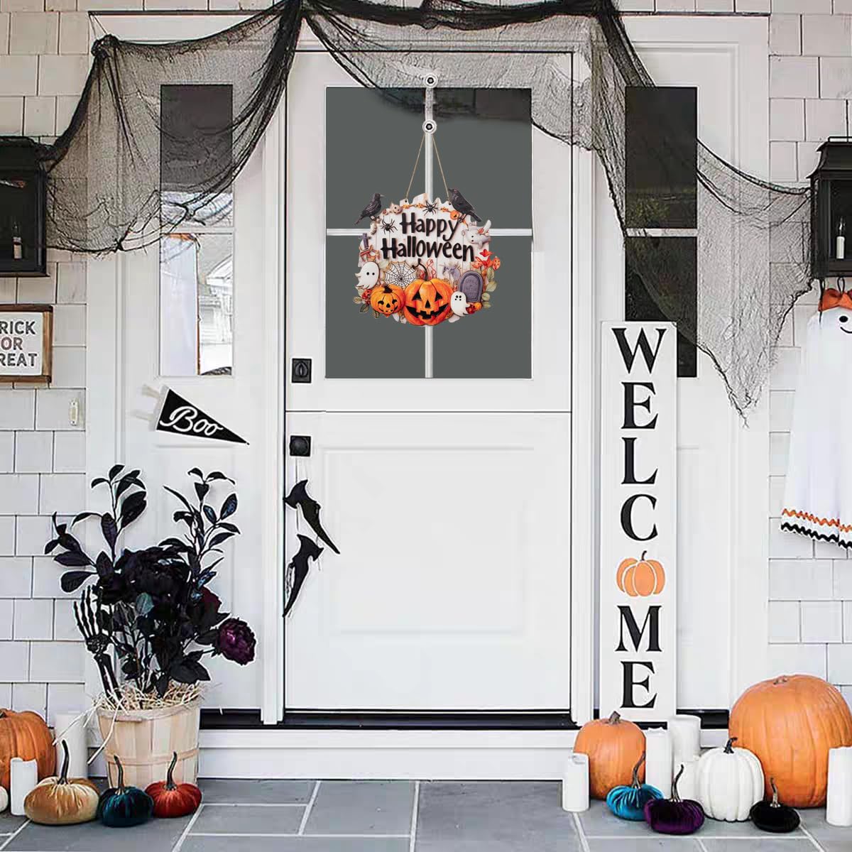 Halloween Decoration Wood Door Plaque - Rustic 9.2x8.8 Inch Handcrafted Sign with Raised Pumpkins, Ravens & Ghosts, Spider Web D