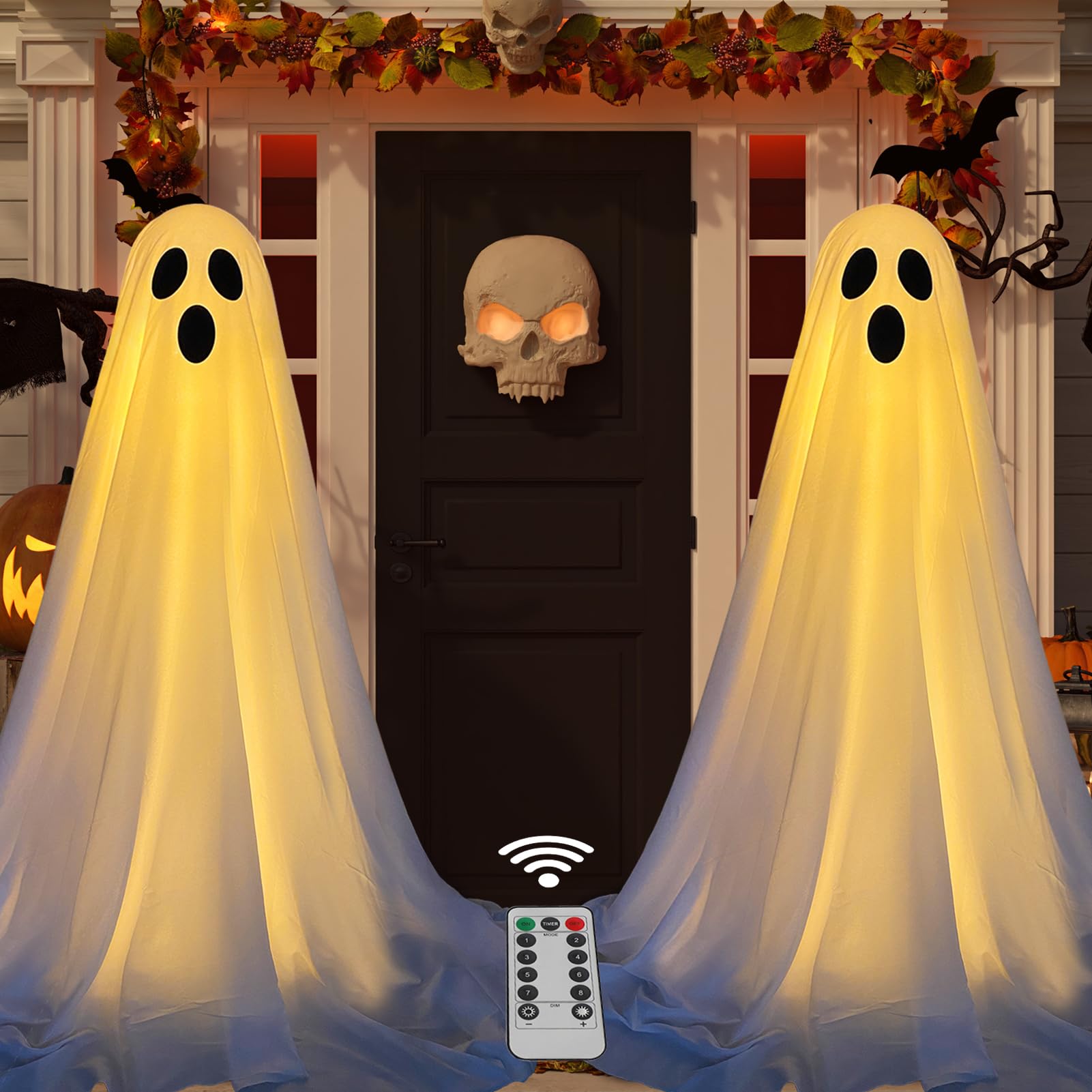 DAZONGE 2 Packs Halloween Decorations Outdoor, Spooky Halloween Ghost Decor with Remote String Lights Battery Operated, Easy to 