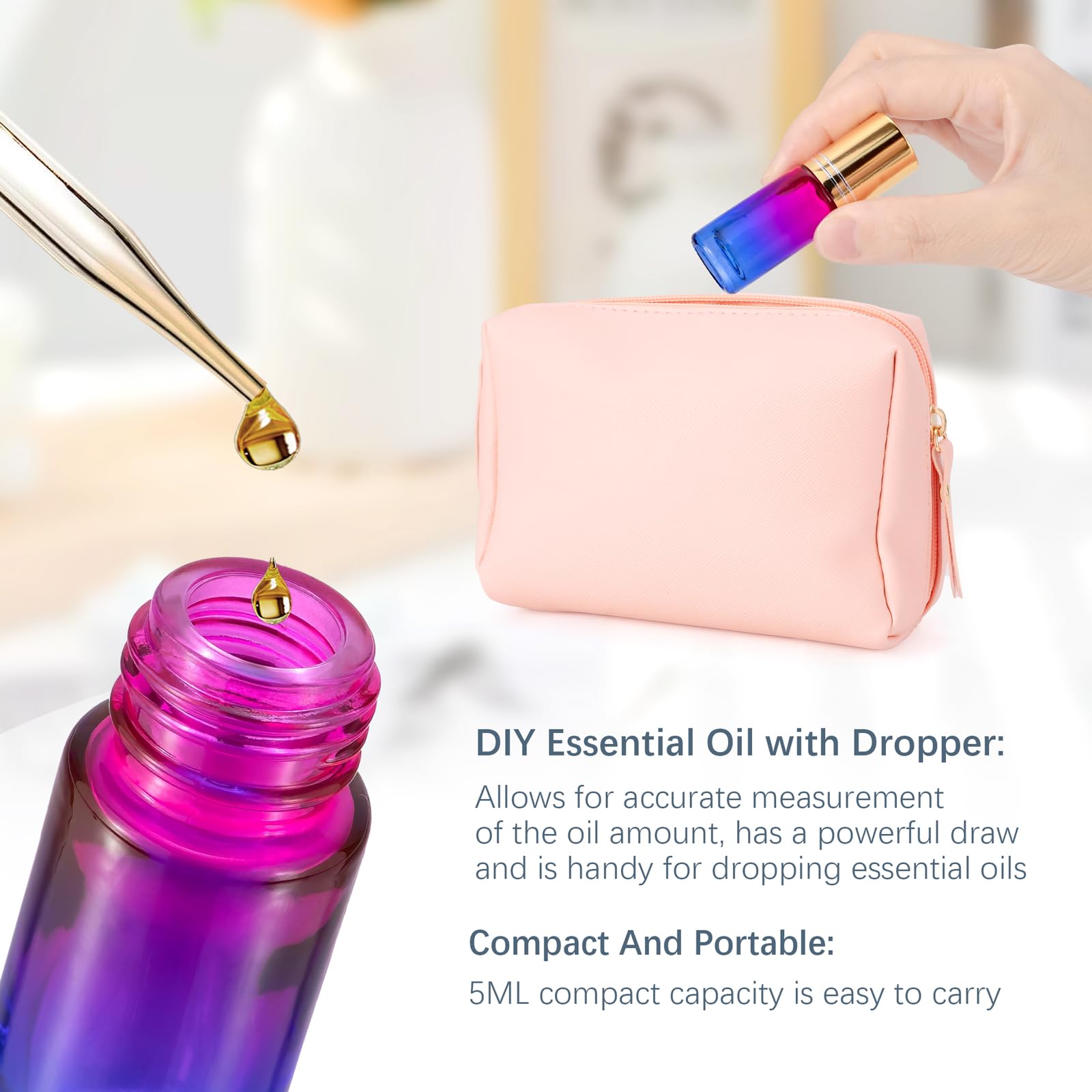 Jiuwu 10 Pack 5Ml Rose-Blue Gradient Glass Stainless Ball Roller Bottles Essential Oils/Perfume/Aromatherapy/Organic Beauty Vial