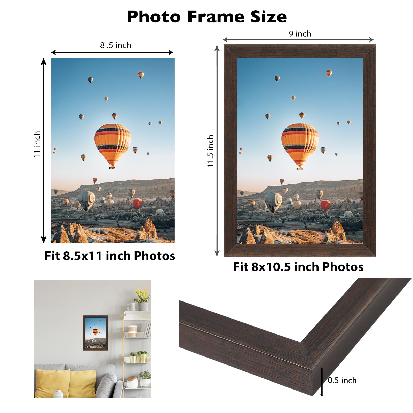 JCJMY 8.5x11 inch Picture Frame Dark Brown for Certificate Poster and Photo, Horizontal and Vertical Formats for Wall Hanging or