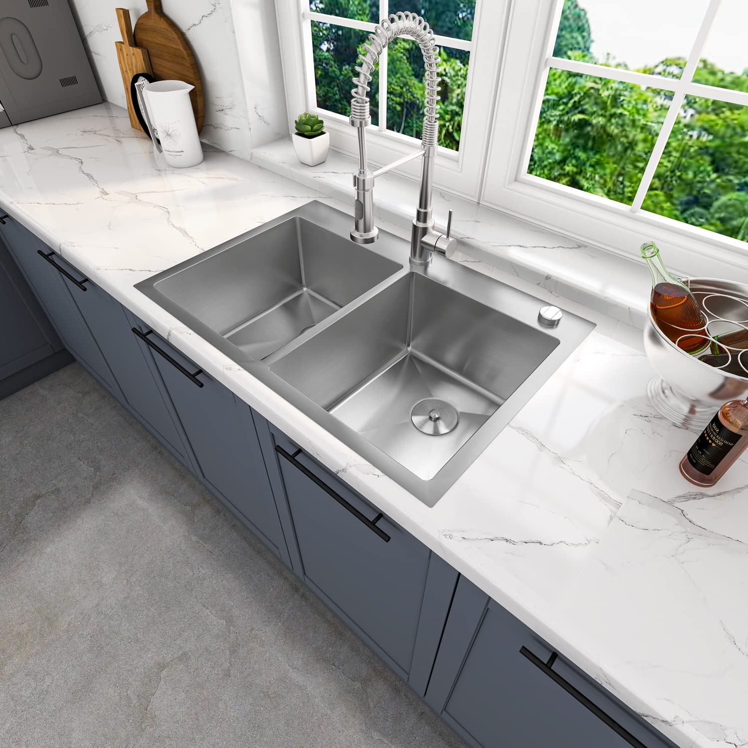 Sinber 33'' X 22'' X 9'' Drop In Double Bowl Kitchen Sink With 18 Gauge 304 Stainless Steel Satin Finish Ht3322D-9-S (Sink Only)