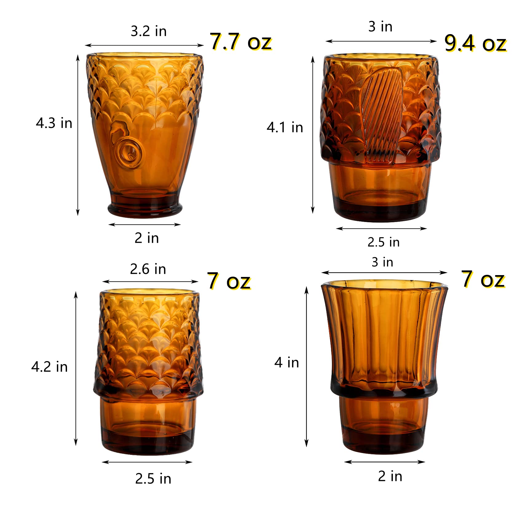 Frcctre Set of 4 Koi Fish Design Drinking Glasses  Stackable Amber Tumbler Glasses Beverage Cups Juice Tumblers Drinking Water Cups Nautical Glassware for Home  Party  Bar