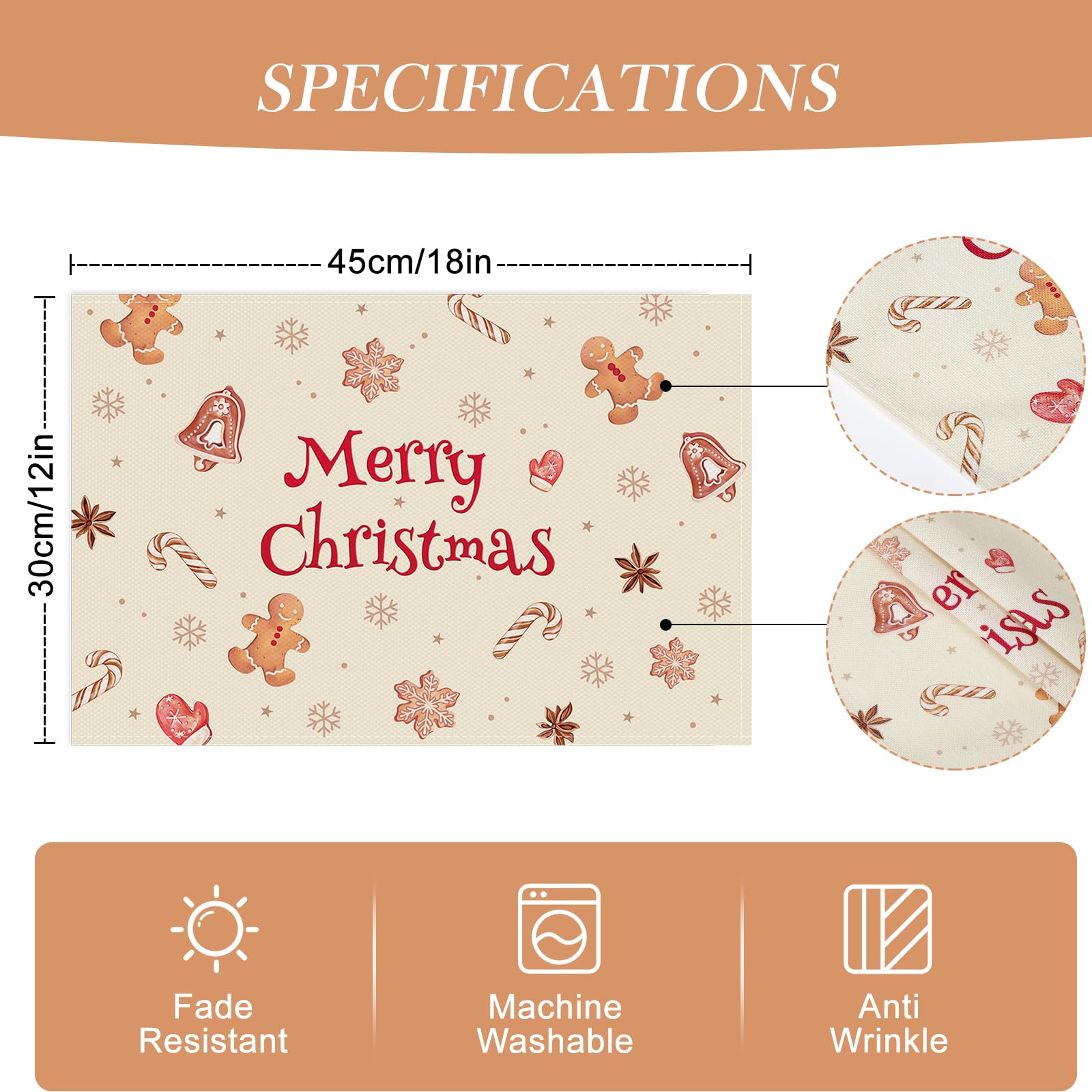 Bonhause Christmas Gingerbread Man Candy Placemats Set Of 4, 12X18 Inch Cute Gingerbread Man Kitchen Dinning Table Mats Washable