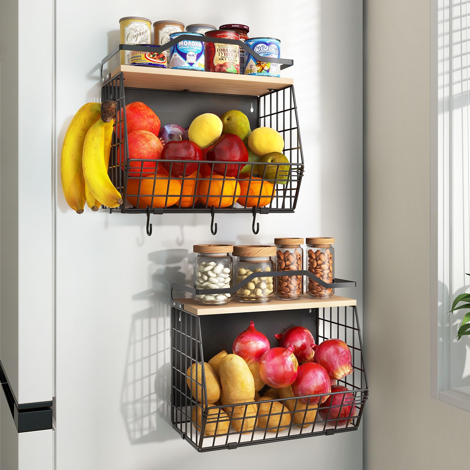 Wawocs Magnetic Shelf for Fridge with Wood Lid, 2 Tier Fruit Baskets Wall Mounted Hanging Basket with 4 Hanger Hooks, Potato and