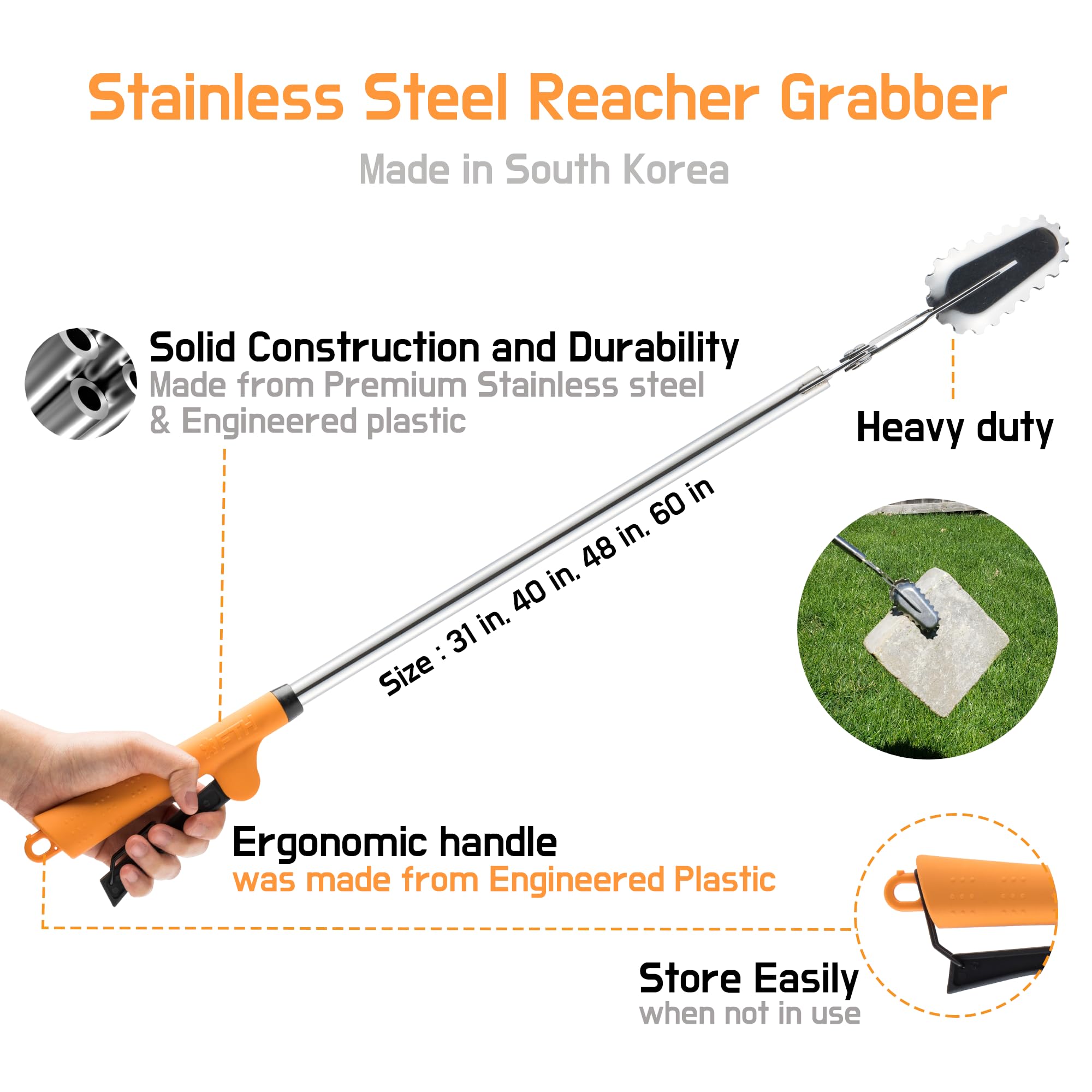 FTH All Stainless Steel Grabber Reacher Pickup Tool Heavy Duty Trash Picker Log BBQ Fireplace pits Snake Tongs Plogging Tool