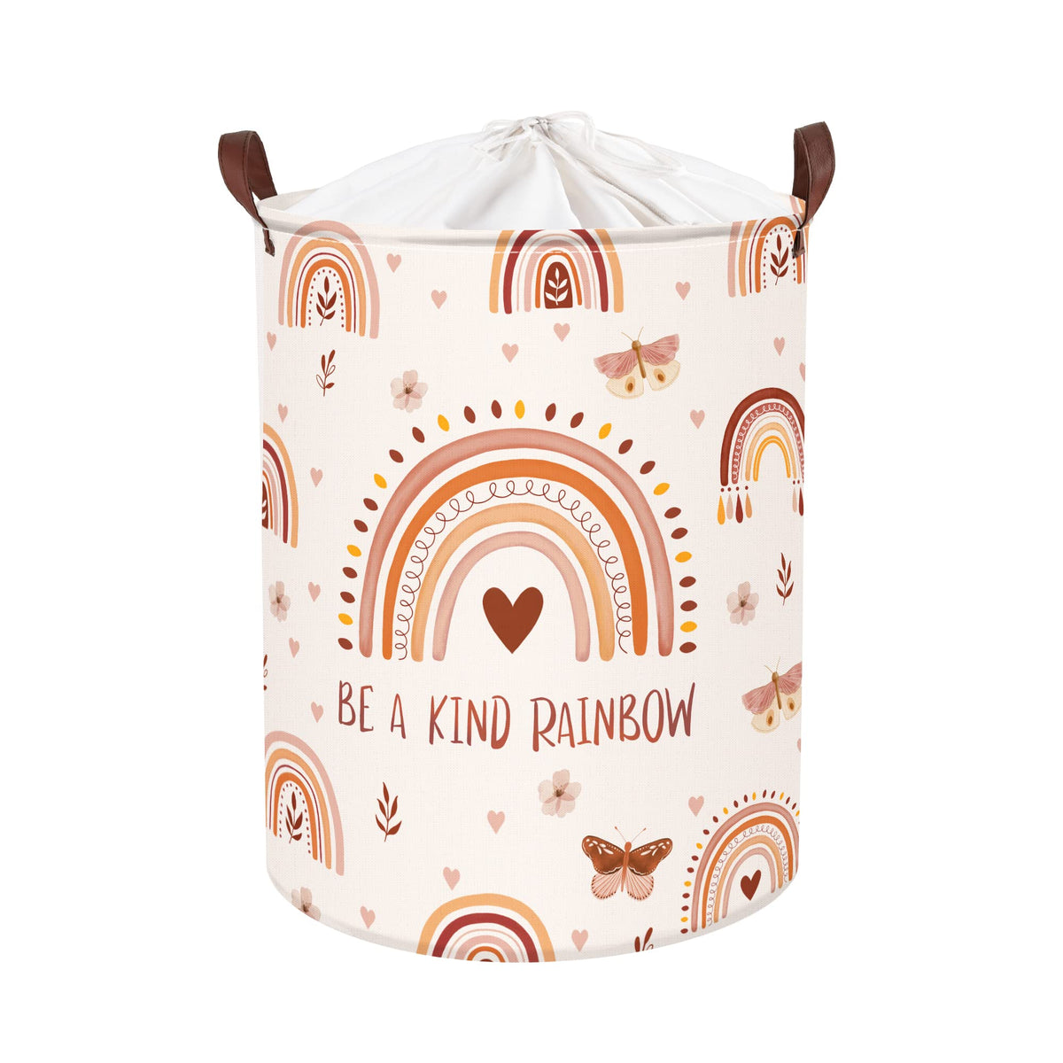 Clastyle 45L Boho Rainbow Laundry Hamper With Handle Drawstring Waterproof Butterfly Flowers Pink Laundry Basket Round Clothes T