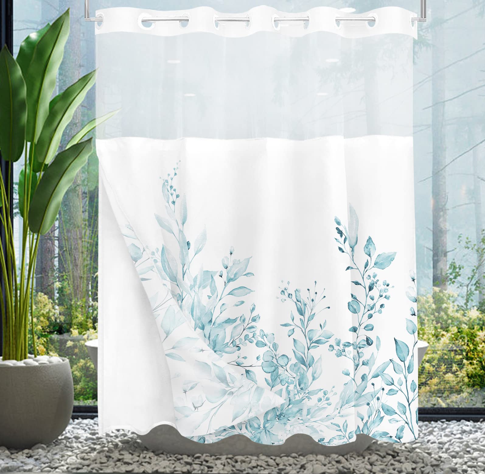 Tititex No Hooks Snap In Liner Spun Sugar Light Blue Eucalyptus Leaves Shower Curtain Sets, Hotel Luxury Double Layers Waterproo