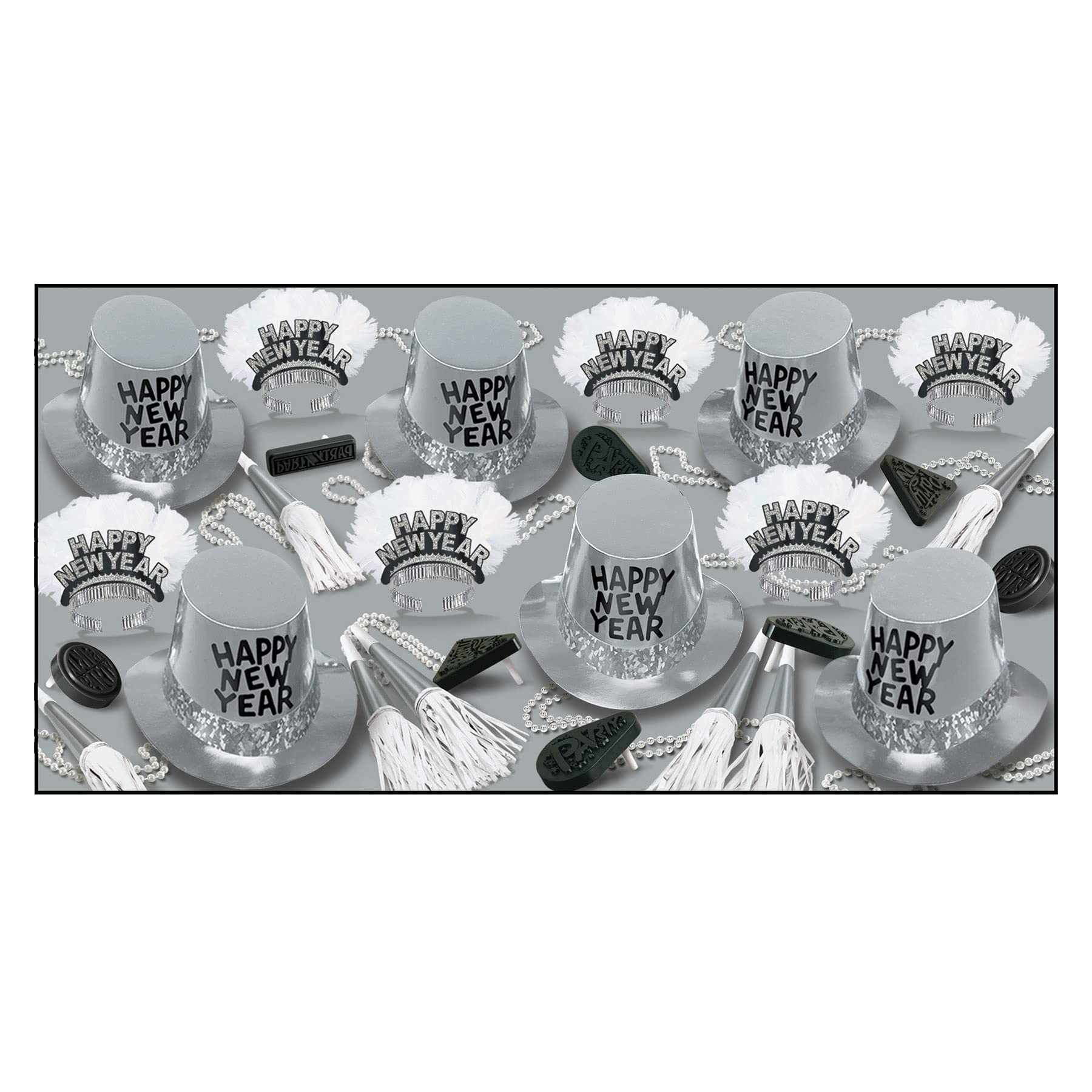 Beistle Platinum Assortment for 50 People- New Years Eve Party Supplies Photo Booth Props - Hats, Tiaras, Horns, Noisemakers, Ne