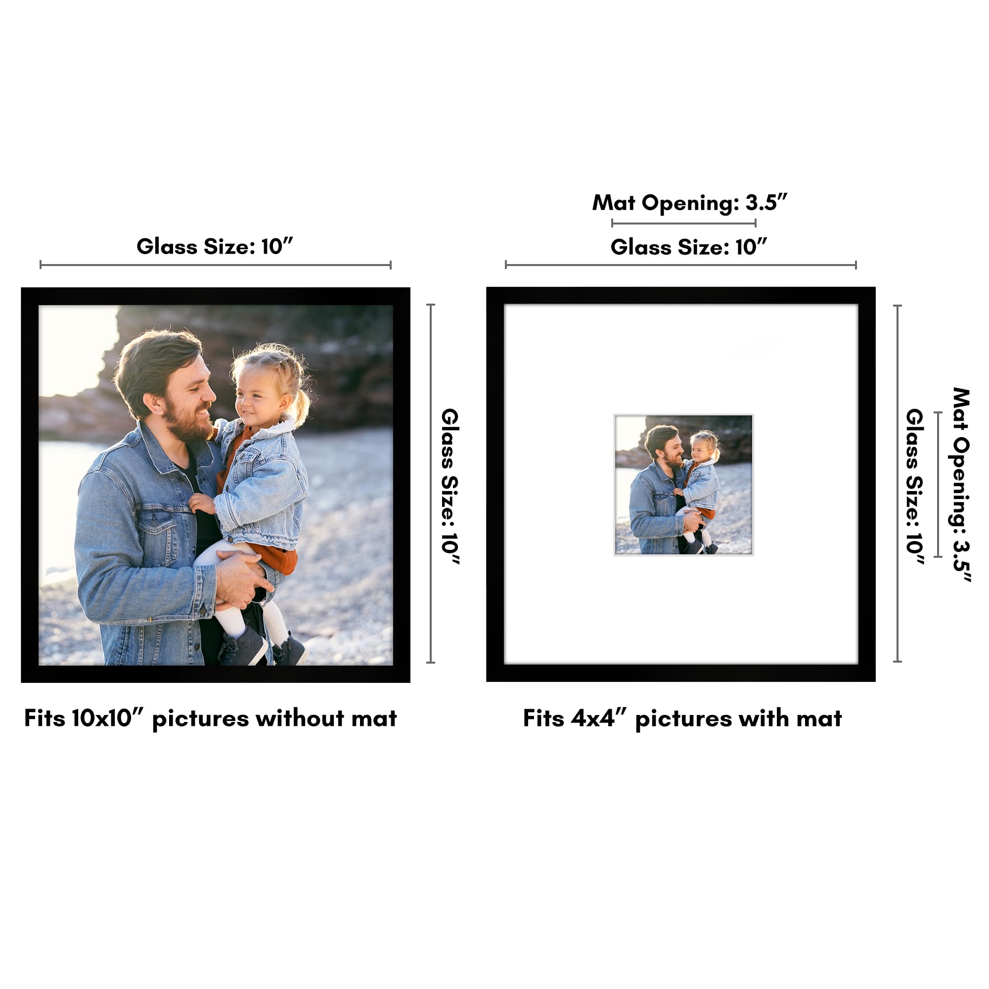 Americanflat 10x10 Picture Frame with Shatter-Resistant Glass - Use as 4x4 Frame with Mat or Display 10x10 Photo Without Mat - S
