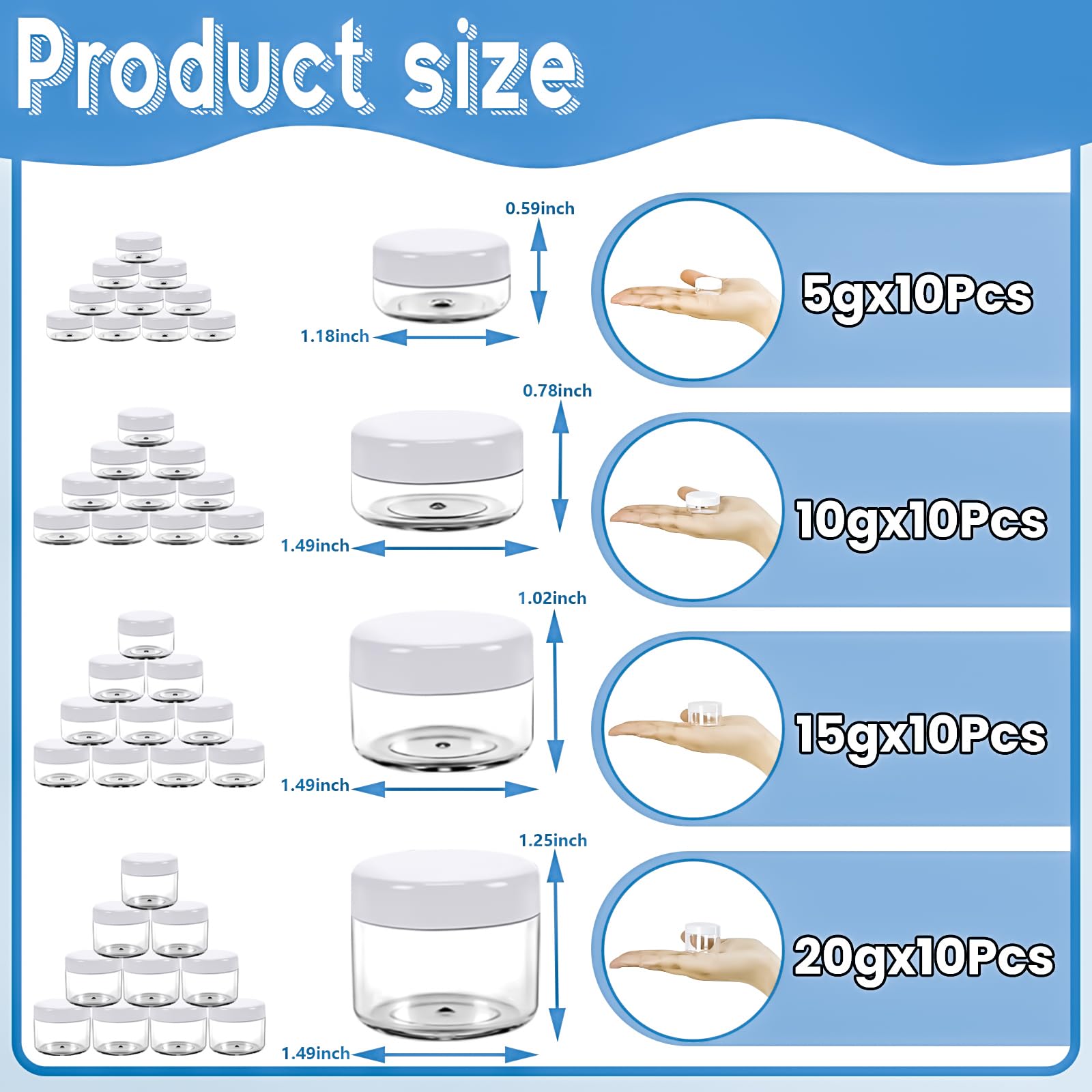 Motbach 40Pcs Makeup Travel Containers With Lids, 5/10/15/20 Gram Empty Plastic Containers With Lids, Makeup Sample Containers C