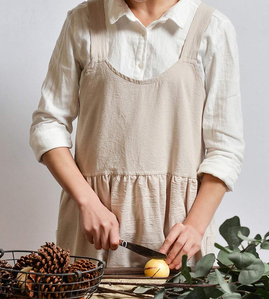 losofar Women Girls Vintage Apron - Cross Back Cotton/Linen Blend, Beige, 32.3×41.3inch, Pinafore Dress with Two Pockets