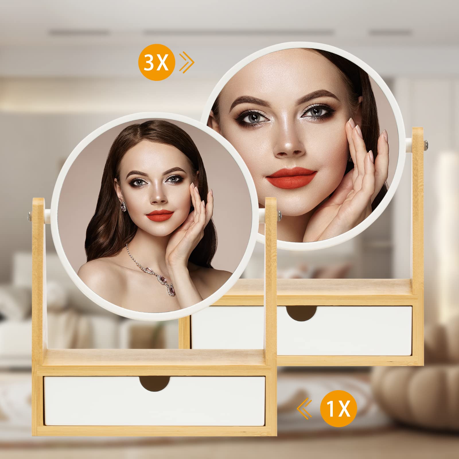 Yeake Vanity Makeup Mirror With Natural Bamboo Stand, 1X/3X Double Sided Magnifying Mirror With Drawer,Portable Small Table Desk