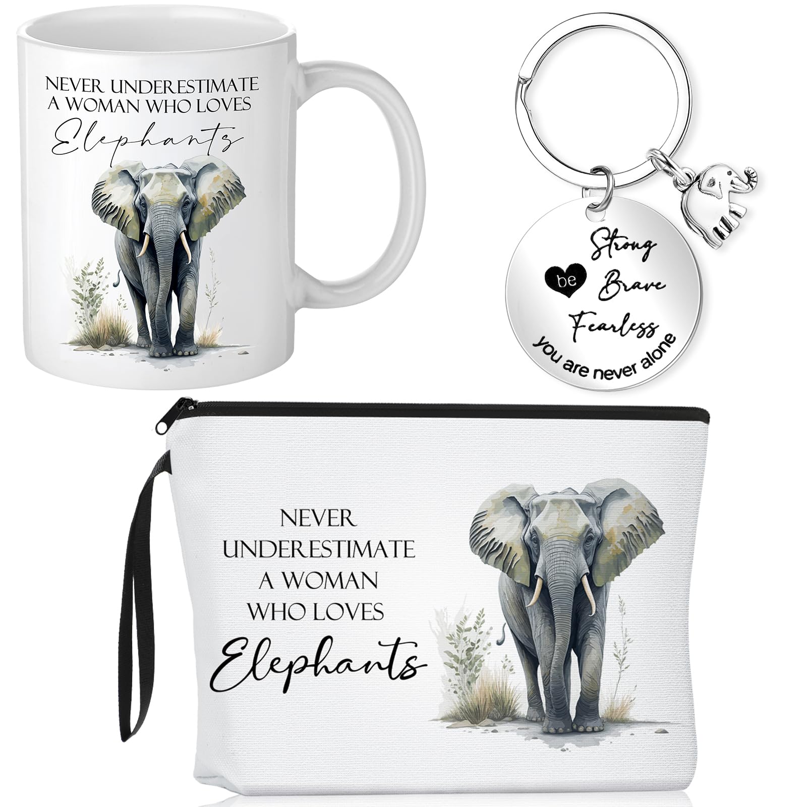 Inbagi 3 Pcs Mothers Day Elephant Gifts for Women Cosmetic Bag Coffee Mug with Keychain for Elephant Lovers Birthday
