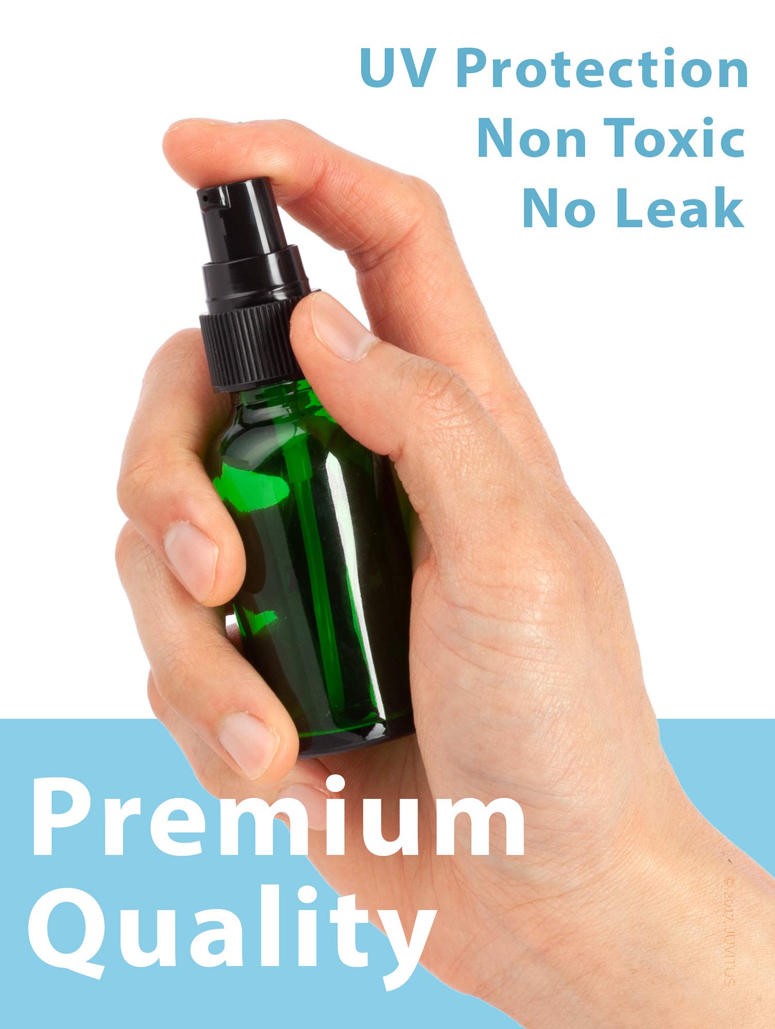 Juvitus 1 Oz / 30 Ml Green Glass Boston Round Bottle With Black Treatment Pump (12 Pack) + Clear Travel Bag And Funnel