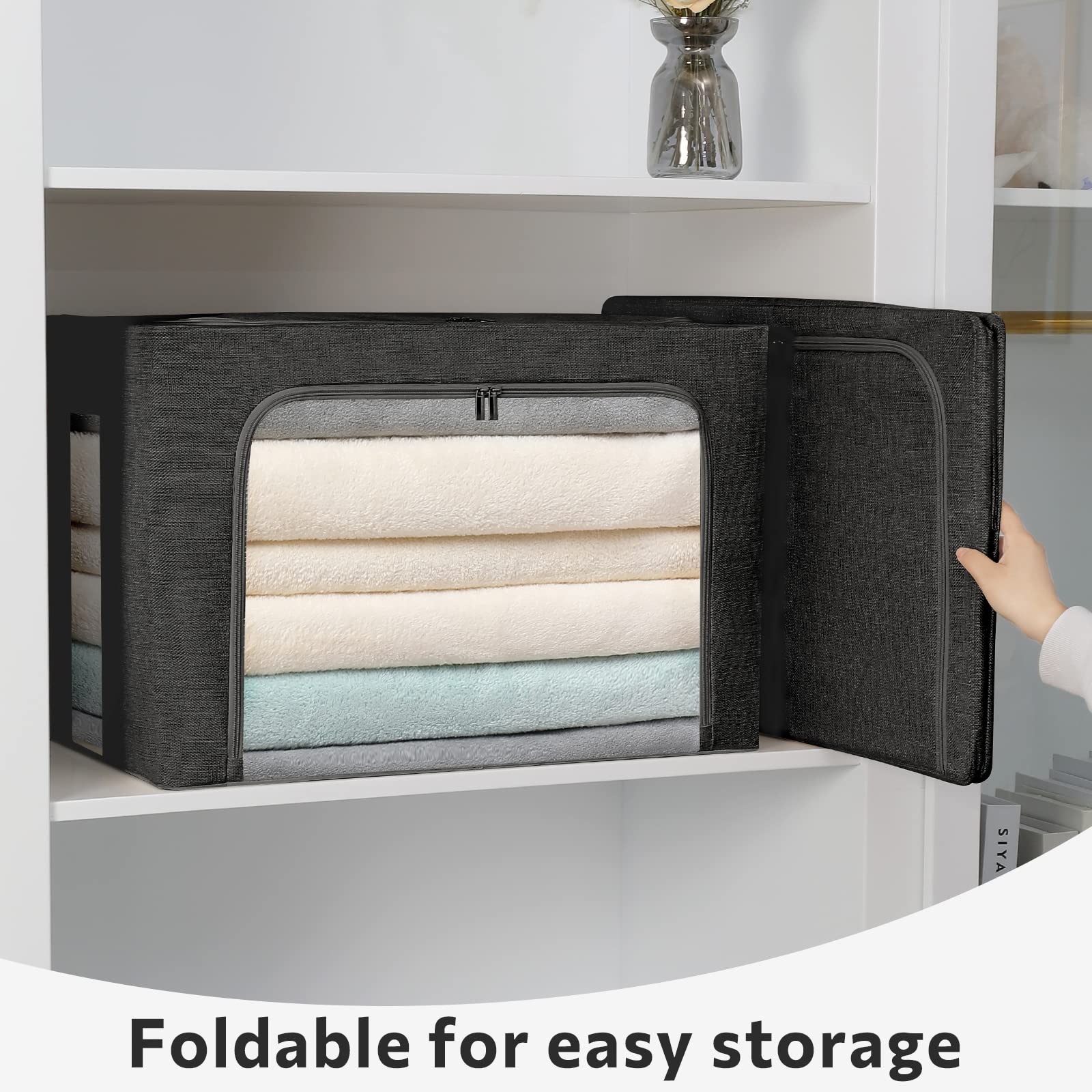 2 Pack Clothes Storage Bins- Foldable Metal Frame Storage Box Linen Fabric Organizer Set with Carrying Handles and Clear Windo-2