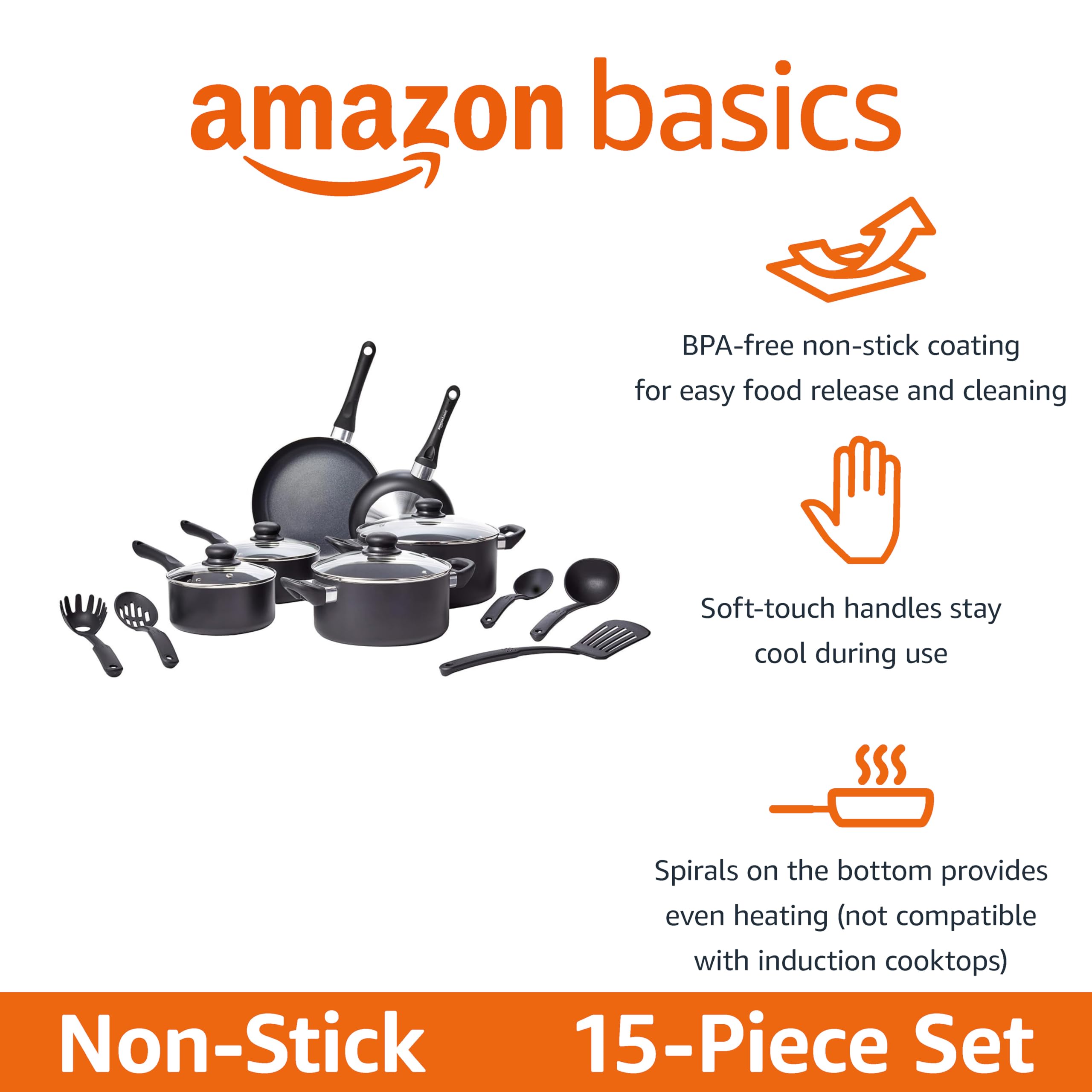 Amazon Basics Non-Stick cookware 15-Piece Set, Pots, Pans and Utensils, Black