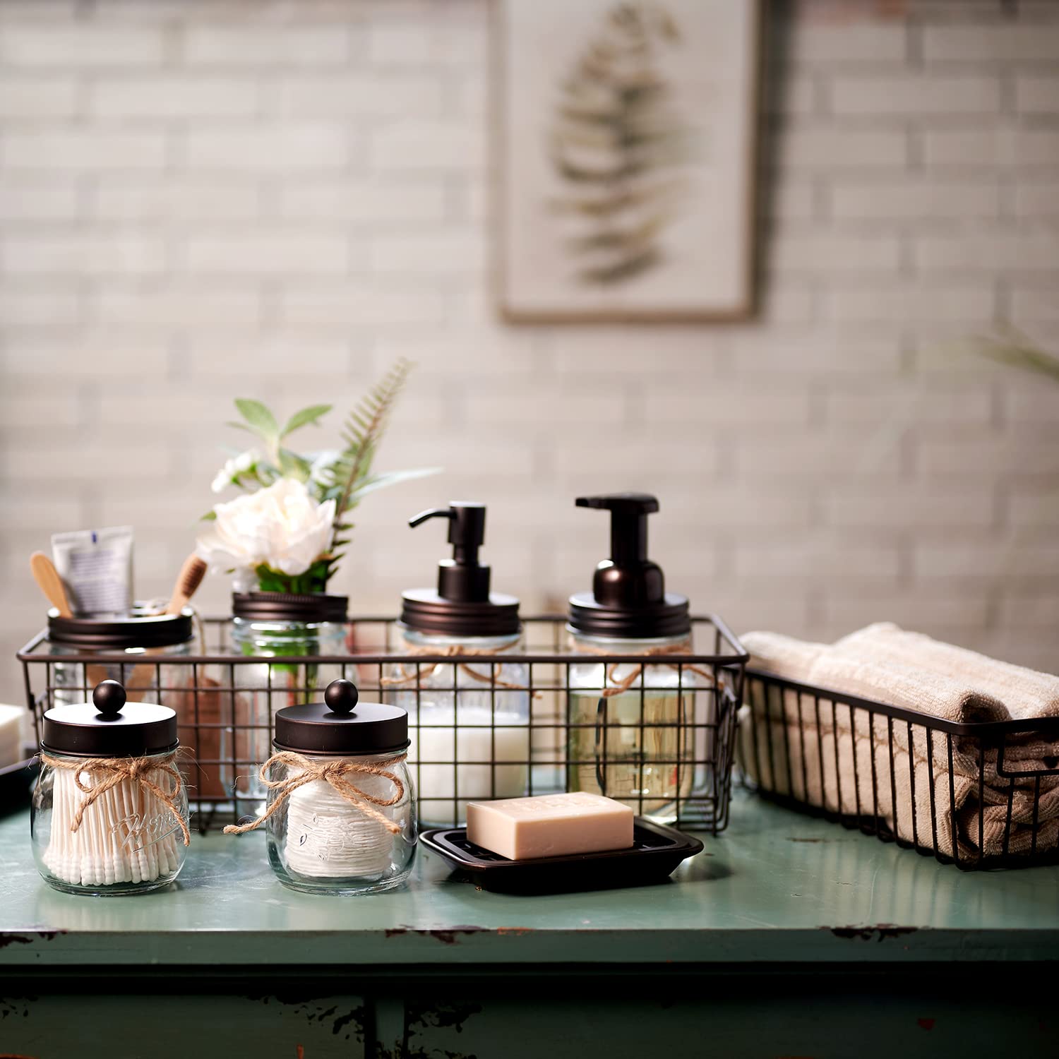 Sheechung Mason Jar Bathroom Accessories Set (6Pcs) Rustic Farmhouse Decor - Lotion Soap Dispenser, Toothbrush Holder, 2 Apothec