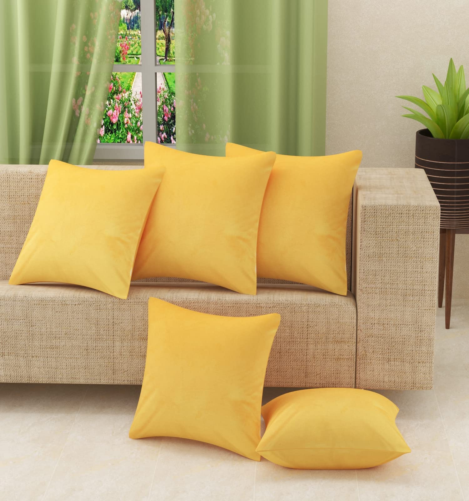 Stuffique Velvet Pillow Cover Only Solid Plain Cushion Covers Set Of 5 (16 X 16 Inch) Yellow