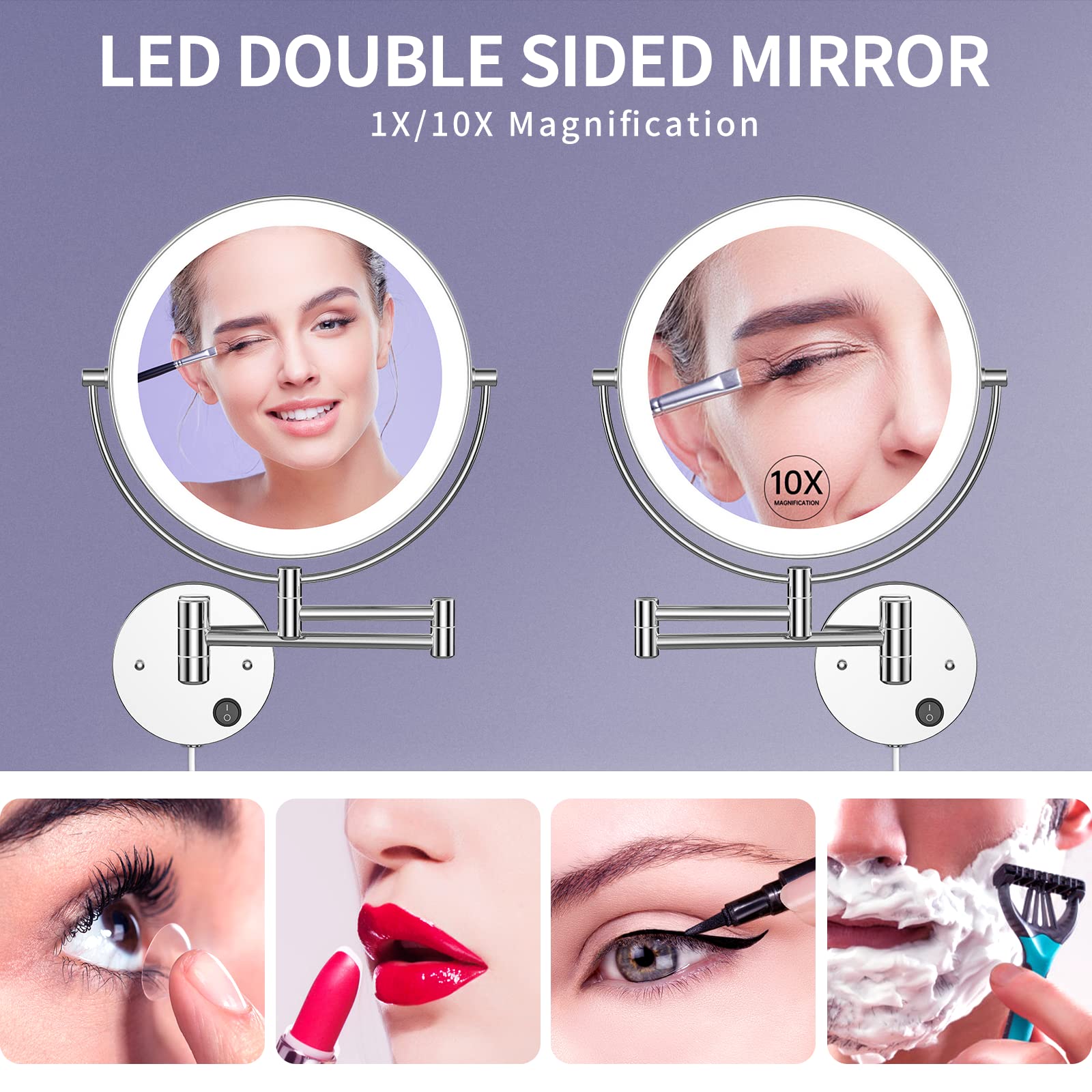 Benbilry 9'' Wall Mounted Lighted Makeup Mirror With Magnification 10X, Large Size Double Sides Led Vanity Mirror, 10X Magnifyin
