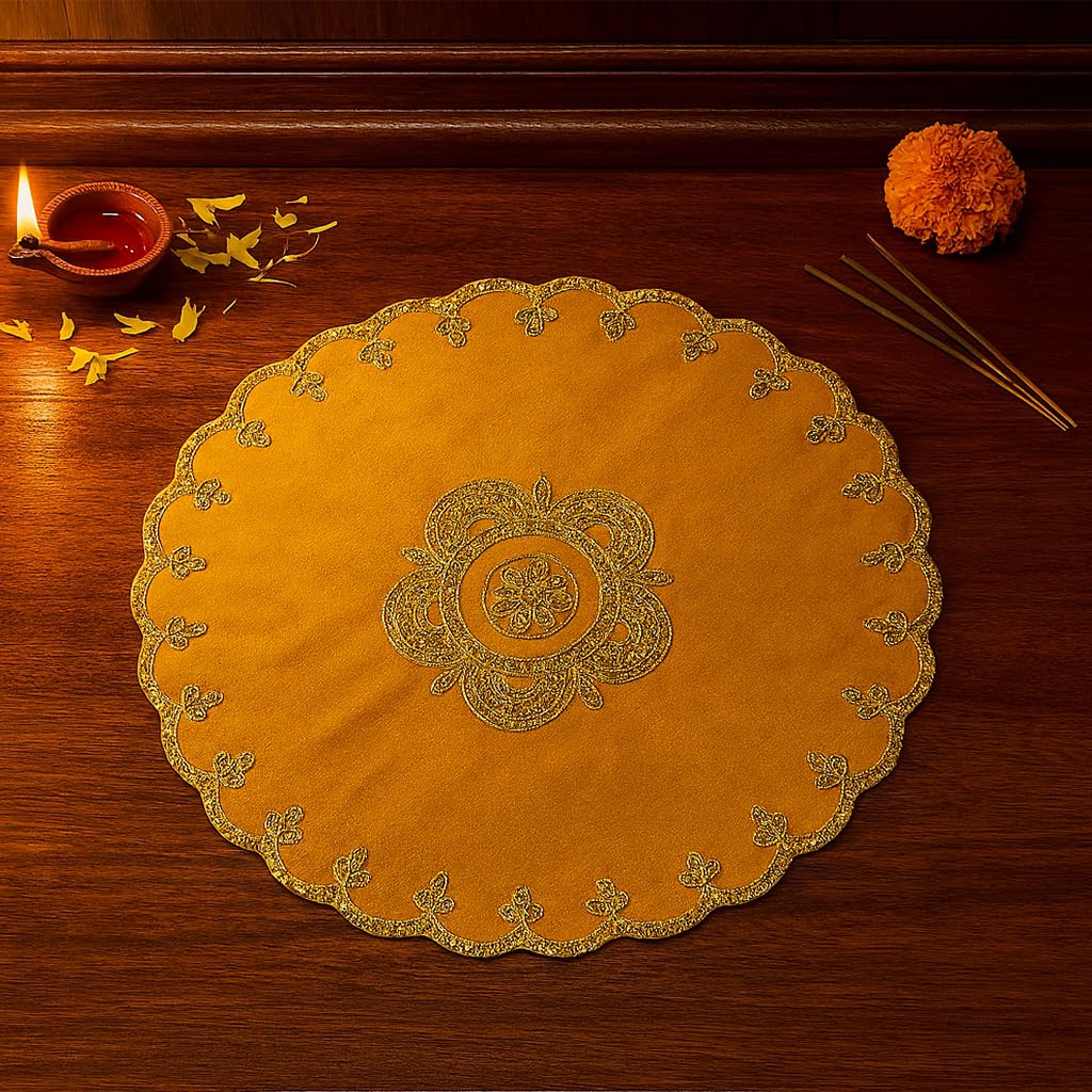 Shoppersduniya Yellow Velvet Designer Aasan Pooja Cloth Mat Mandir Temple Home Office Base Chowki 46cm