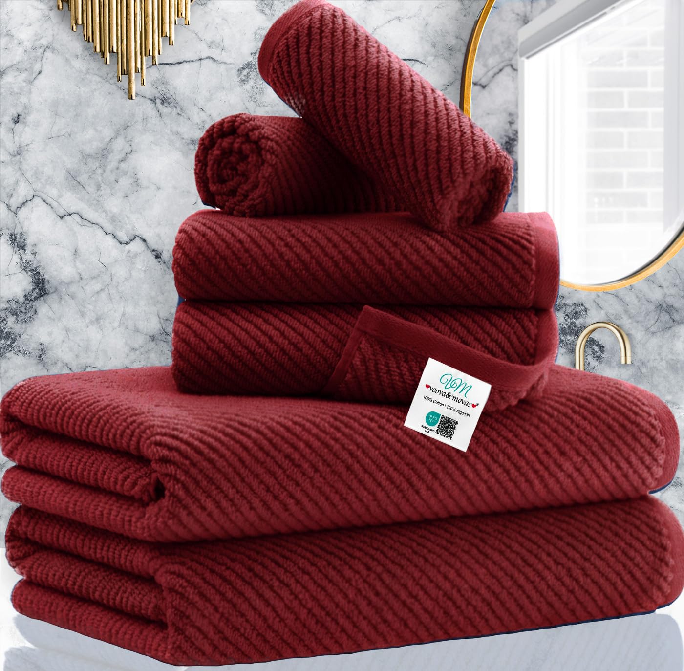 Voova & Movas Red Towels Bathroom Set, 6 Piece Gift Set,2 Bath Towels 30''?6'', 2 Hand Towels 18''?8'', 2 Washcloths 13''?3'',
