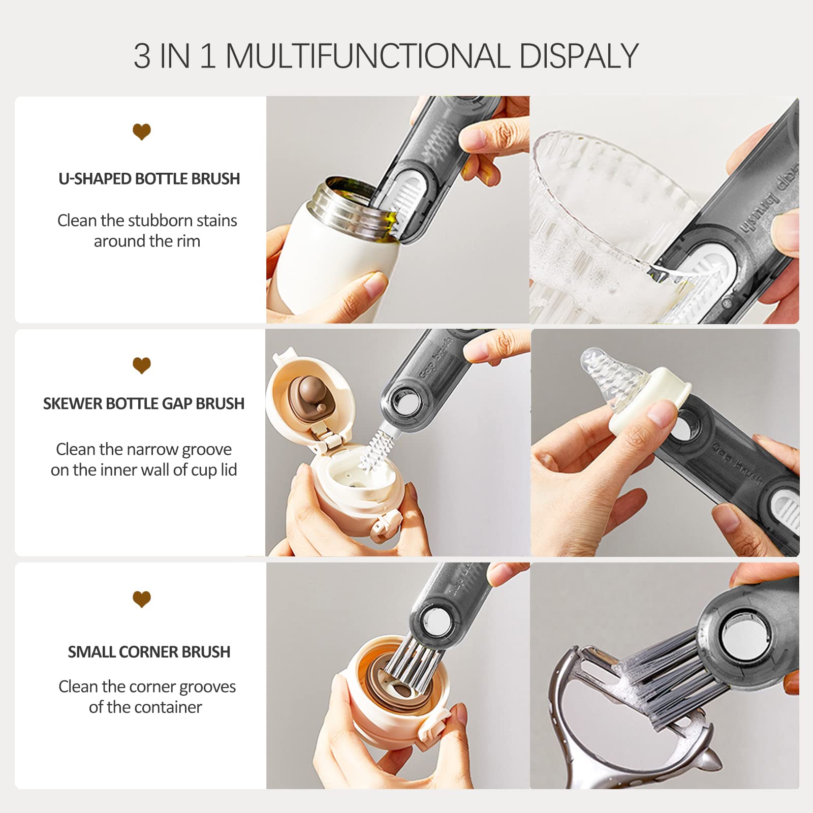 Water Bottle Cleaner Brush Set, Meritpick 3 In 1 Multipurpose Bottle Gap Cleaner Brush & Long Handle Silicone Bottle Brush & Str