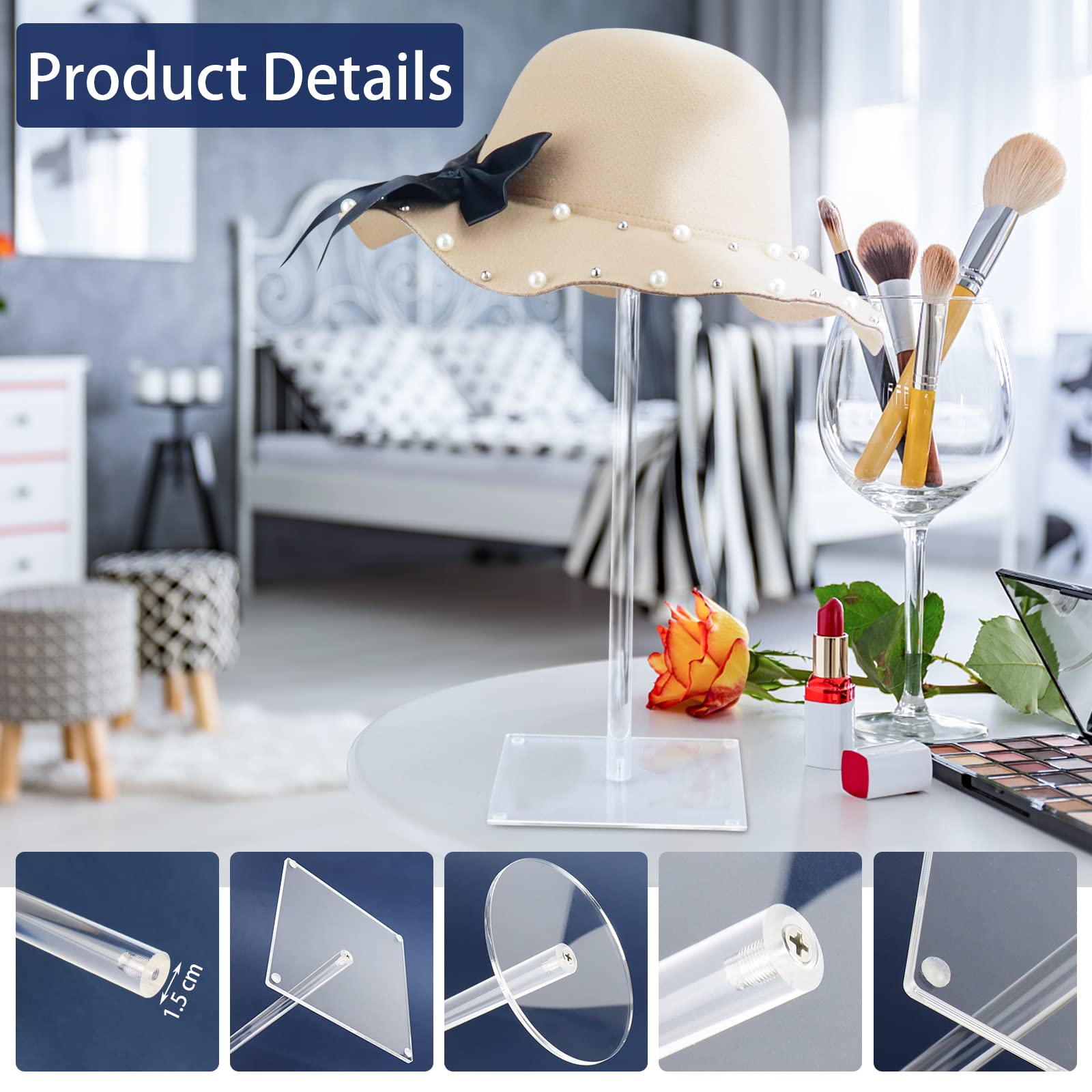Rssciiiul Acrylic Hat Stand And Wig Display Rack, 2Pcs 17'' Clear Hat Stands For Display, Adjustable Height Hat Holder, Square B