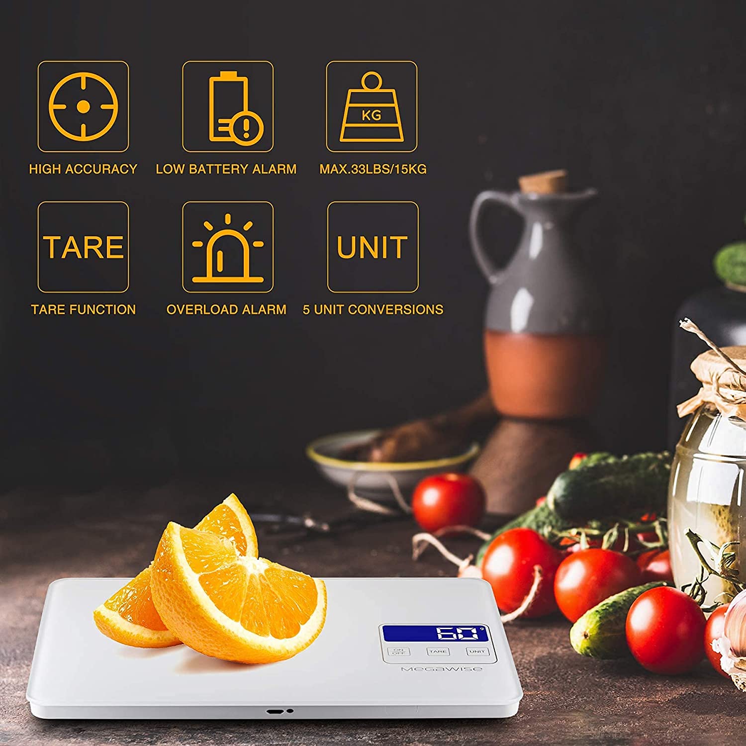 Megawise Precision Food Scale, 33Lb Waterproof Rechargeable Digital Kitchen Scale, 1G/0.04Oz Precise Graduation, Weight Grams An