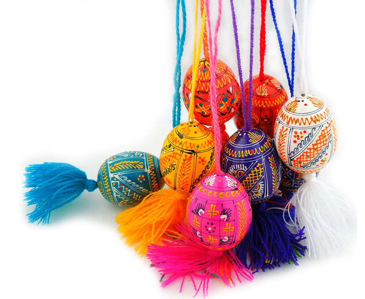Religious Gifts - 5 Assorted Authentic Ukrainian Wooden Easter Eggs Pysanky Ornaments on Cord 2 Inch
