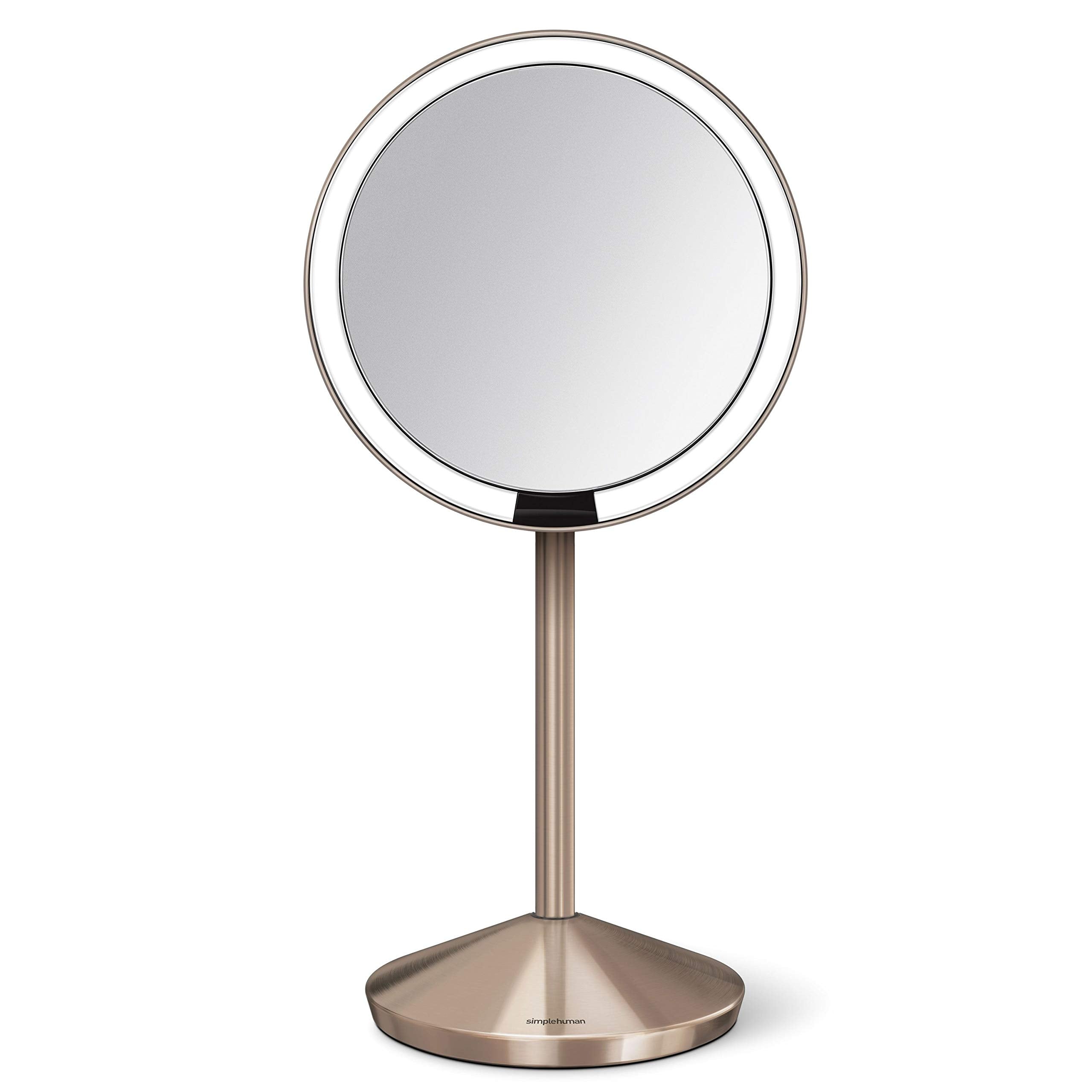 Simplehuman,Free Standing 5'' Round Mini Travel Sensor Makeup Mirror, 10X Magnification, Rechargeable, Rose Gold Stainless Steel