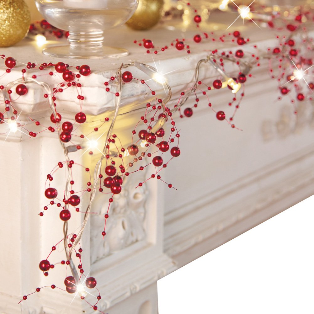 Collections Etc Indoor Christmas Decorations, Festive Lighted Berry Beaded Garland Red- 120 L