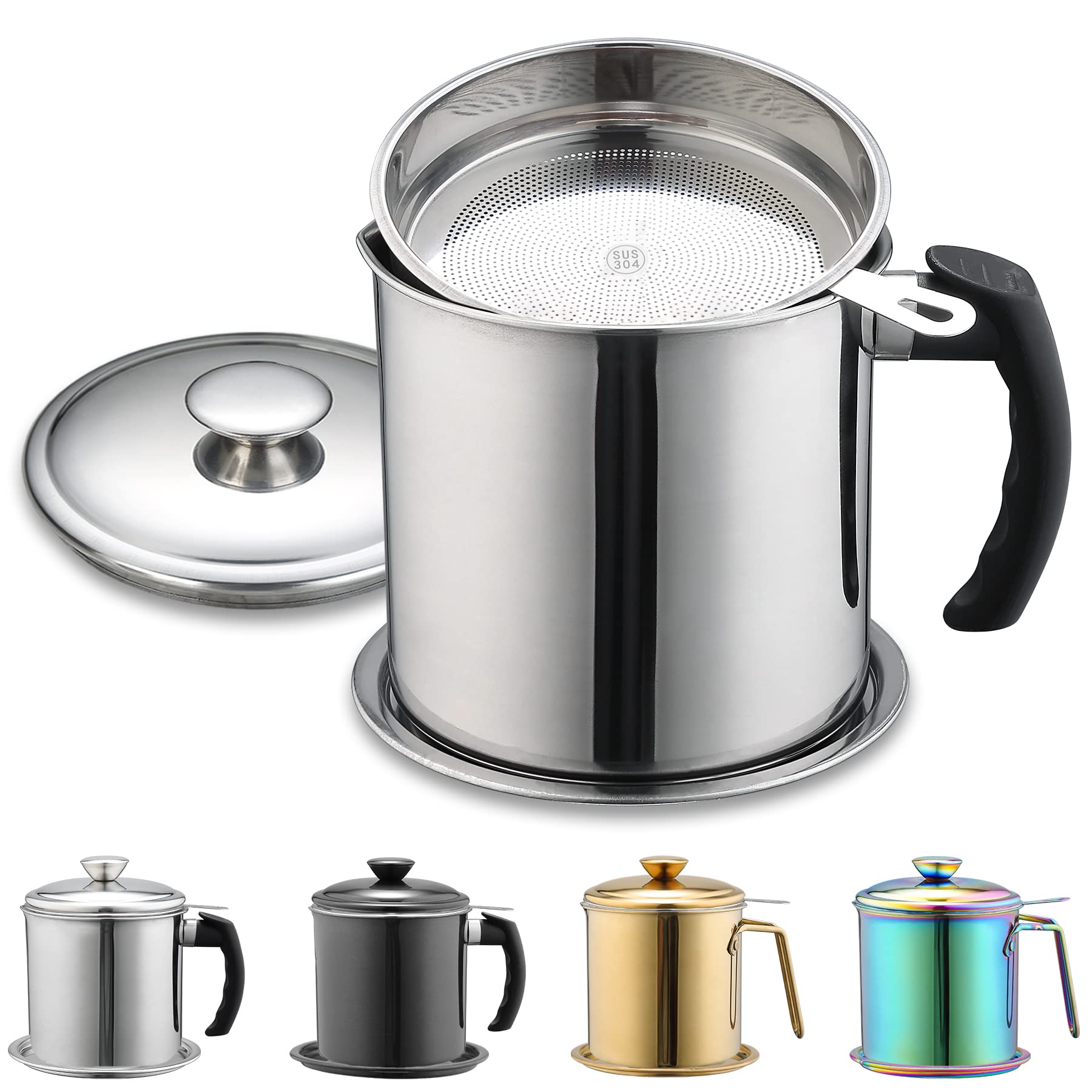 Berglander Bacon Grease Container With Strainer 47Oz/1.4L, Stainless Steel Oil Storage Container With Fine Mesh Strainer Dust-Pr
