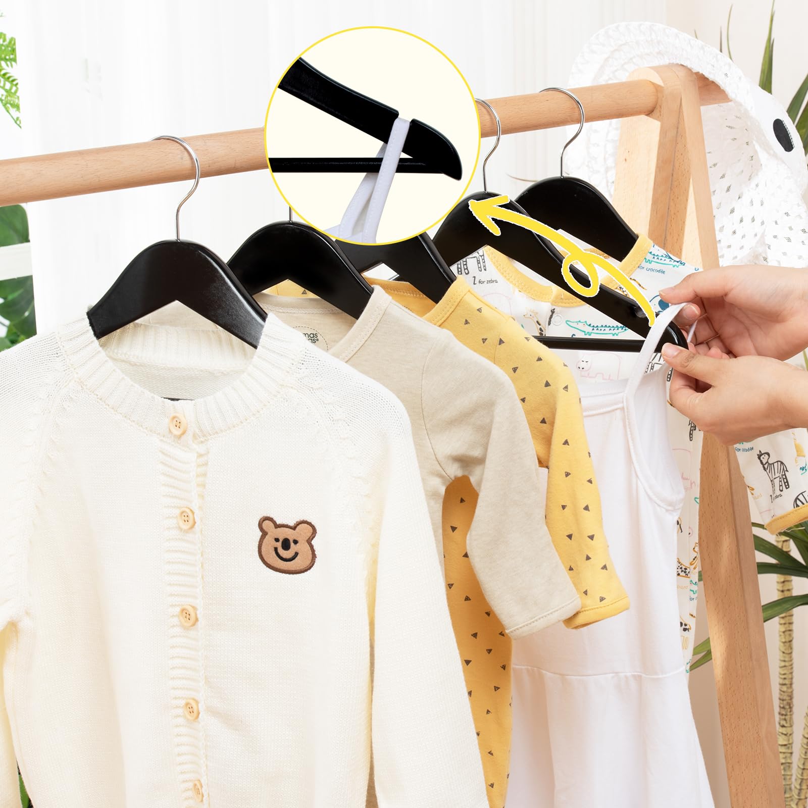 Fairyhaus Kids Wooden Hangers 20Pack Black, 12.8 Inch Baby Wooden Hangers For Closet, Anti-Rust 360 Swivel Hook, Notches & Smoot