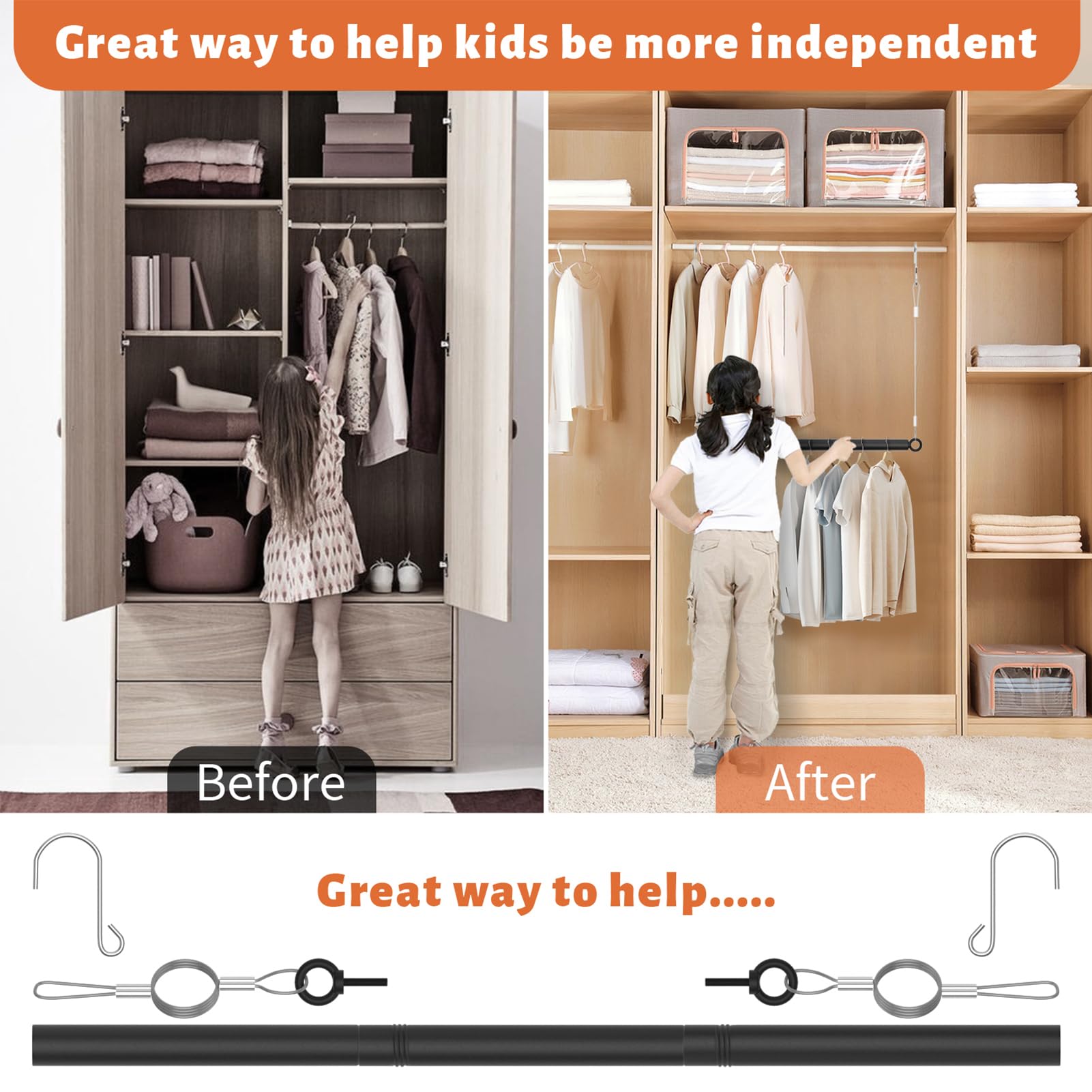 Qufiona Closet Hanging Rod 44 Inches - 1 1/4Inch Diameter Heavy Duty Closet Extender Hanging Rod - Space Saving Hanging Closet R