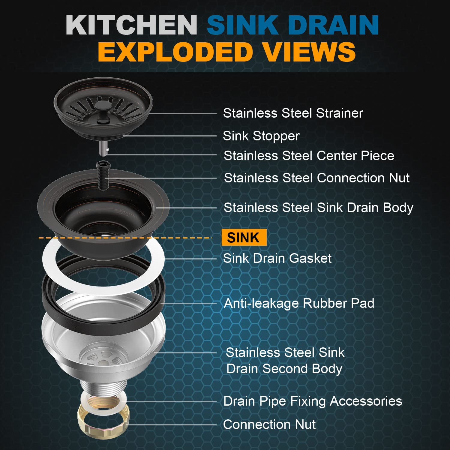 BOTEMY B9173 Kitchen Sink Drain Assembly 3-1/2 inch with Removable Sink Strainer Basket/Stopper 304 Stainless Steel (Oil Rubber Bronze)