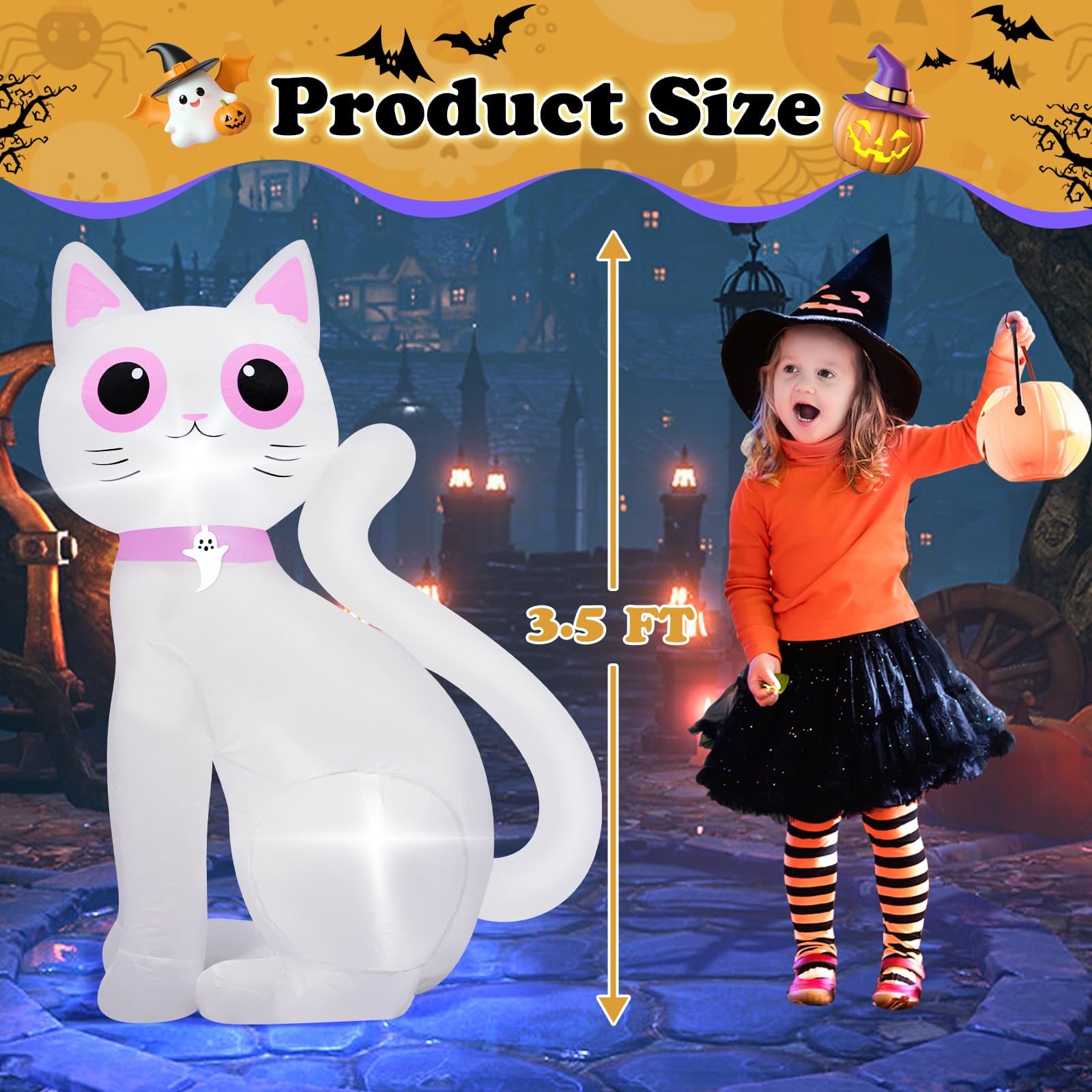 3.5FT Halloween Inflatable Decor White Cat with LED Lights Halloween Indoor Outdoor Blow Up Decorations Party Holiday Decor