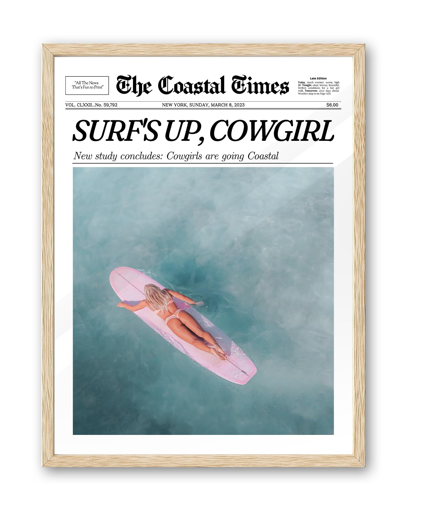 Ihery Small Framed Coastal Trendy Cowgirl Wall Art Decor, Natural Oak Wood 8X10In Canvas Newspaper Retro Bedroom Wall Art,Surfer