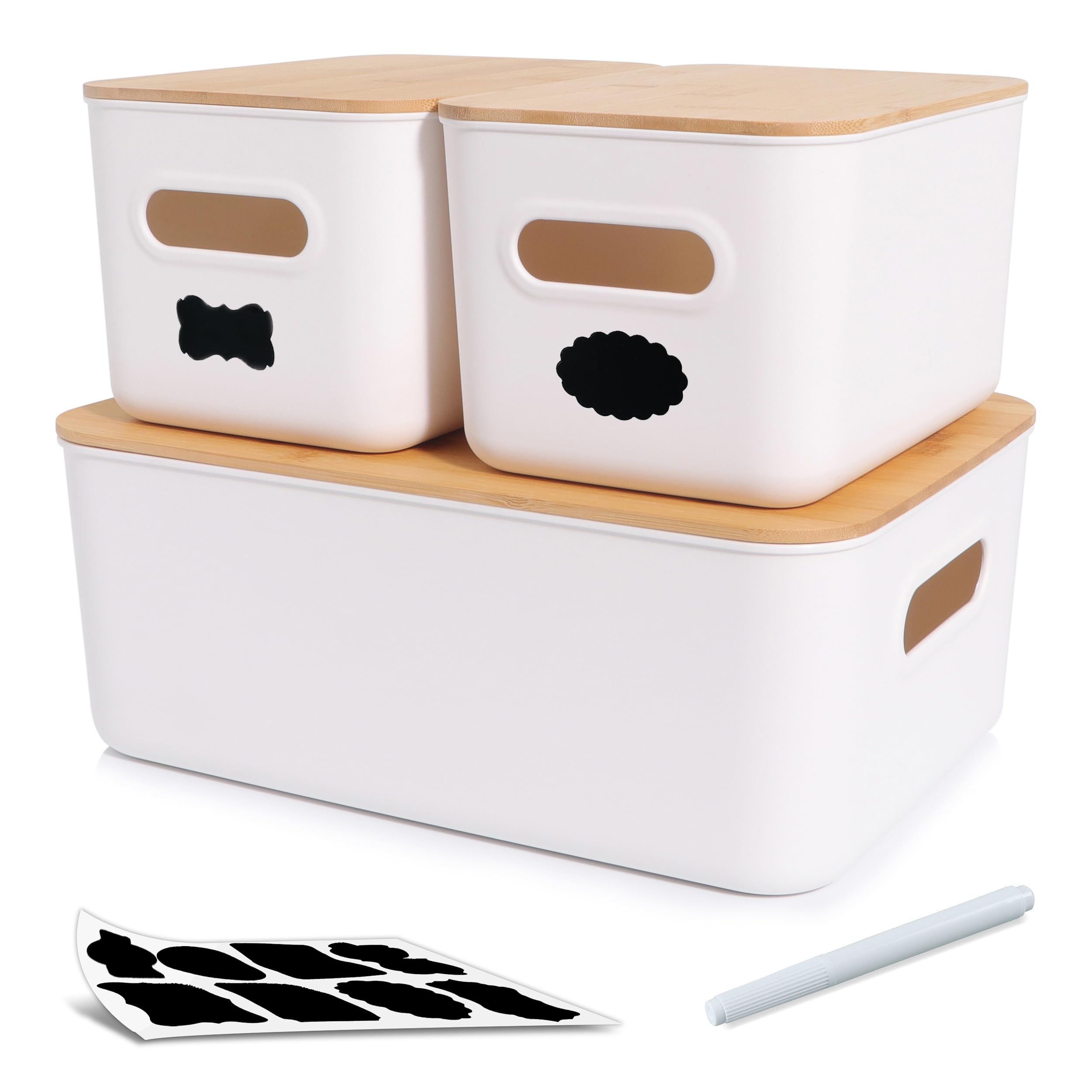 Citylife Set Of 3 Storage Bins With Bamboo Lids Plastic Storage Containers For Organizing Stackable Storage Box With Handle