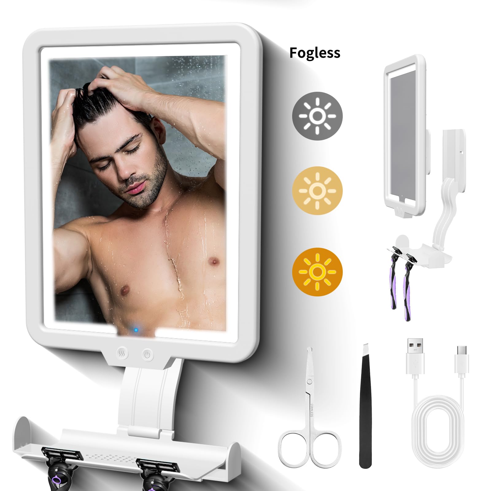 Large Bathroom Mirror, Heated Shower Mirror Fogless For Shaving,Anti-Fog Wall Mirror With 3 Color Light Dimming,Rechargeable Lig