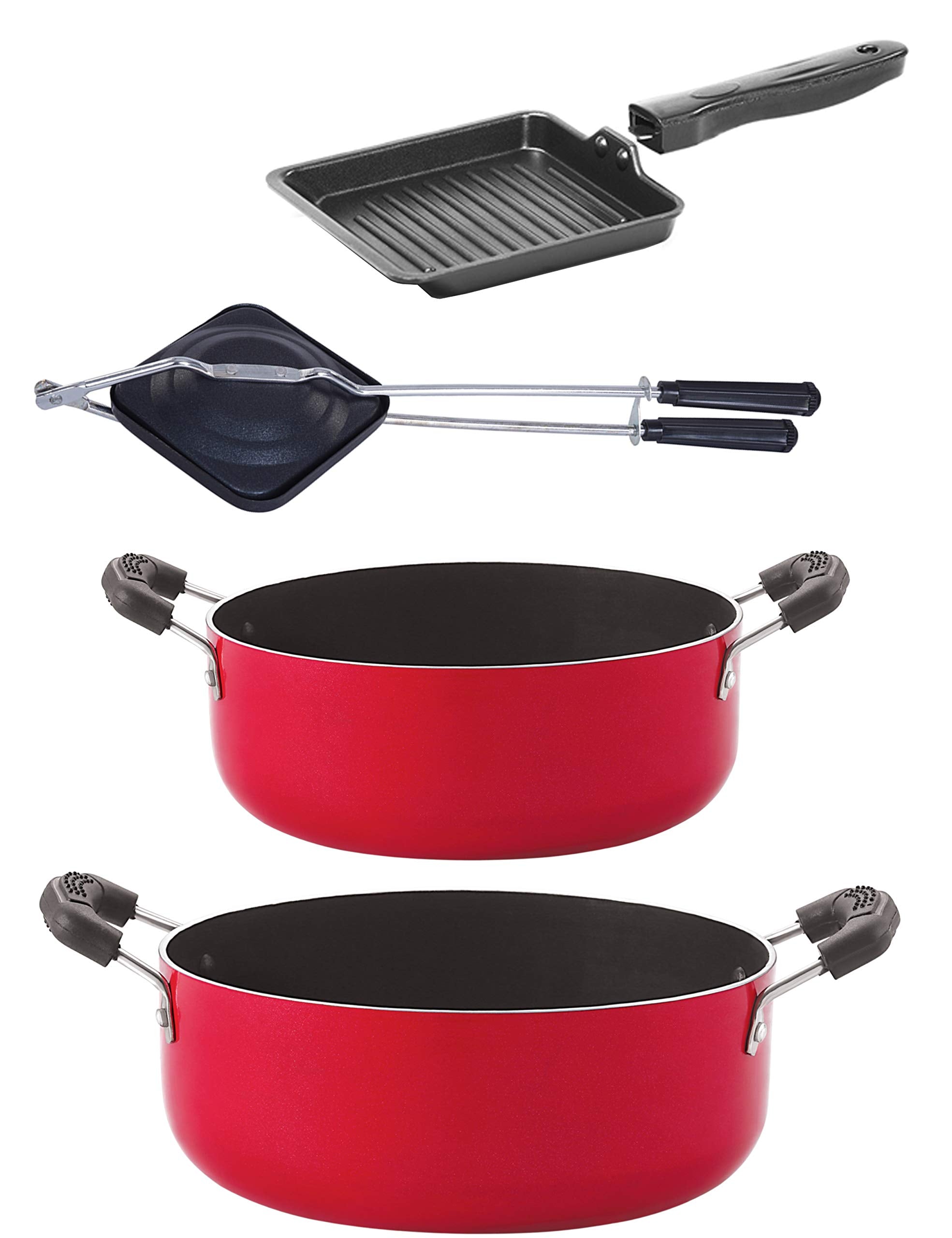 Nirlon NonStick Casserole Small Grill Pan Hand Toaster Casserole Aluminium Cookware Set, 4Pieces, Red/Black(Cs20_Sgp_Ht_Cs24)