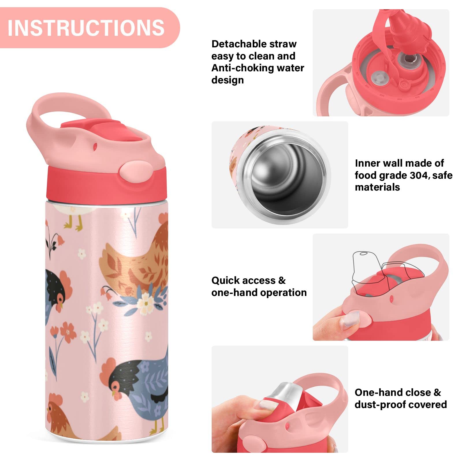 Kigai Cute Chickens And Flowers Kids Water Bottle, Vacuum Insulated Stainless Steel, Double Walled Leakproof Tumbler Travel Cup
