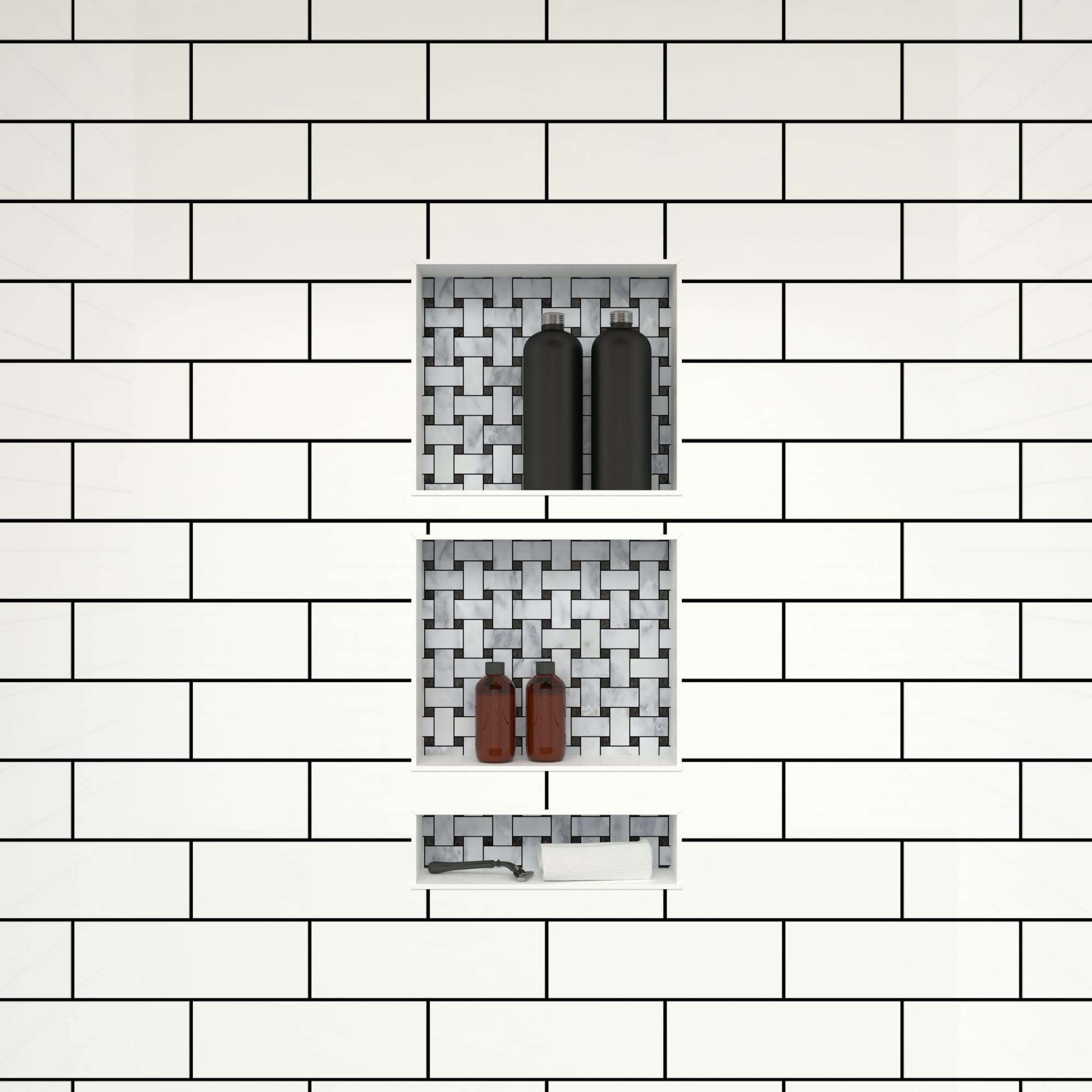 Redi Niche Triple Niche Recessed Shower Shelf- Black, Three Inner Shelves, 16-Inch Width X 34-Inch Height X 4-Inch Depth