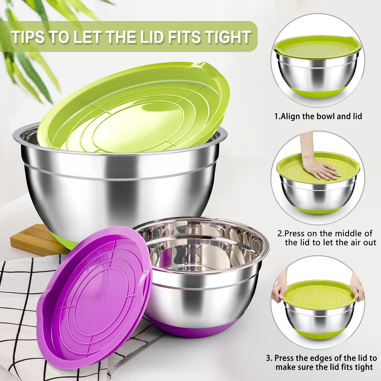 Teamfar Mixing Bowls, Stainless Steel Mixing Bowls With Lids, Nesting Salad Bowls With Air-Tight Lids & Non-Slip Bottom, Dishwas