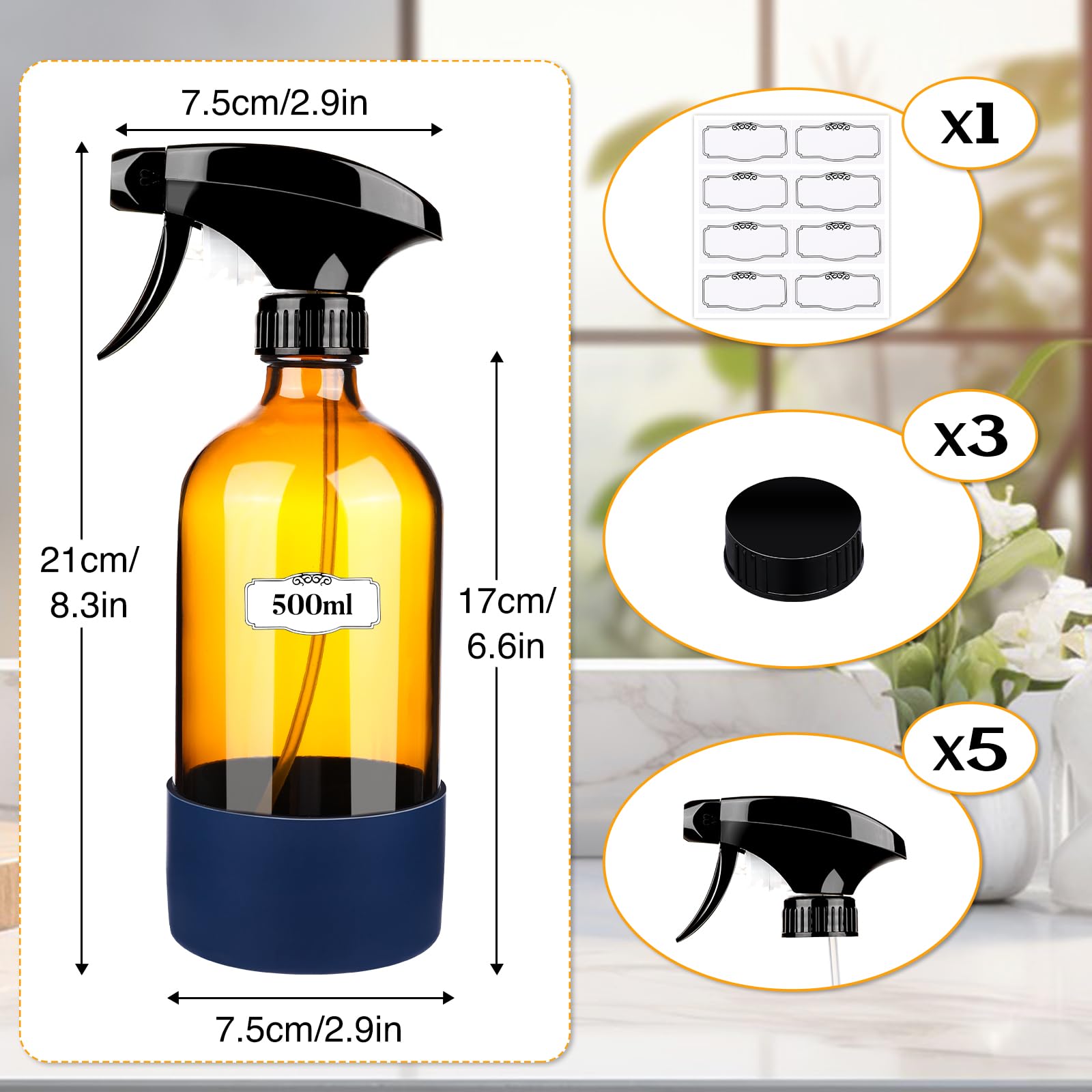 Zenowick 3 Pack/16 Oz Glass Spray Bottles, Refillable Empty Containers With Silicone Sleeve, Upgraded Adjustable Nozzle Spray Bo