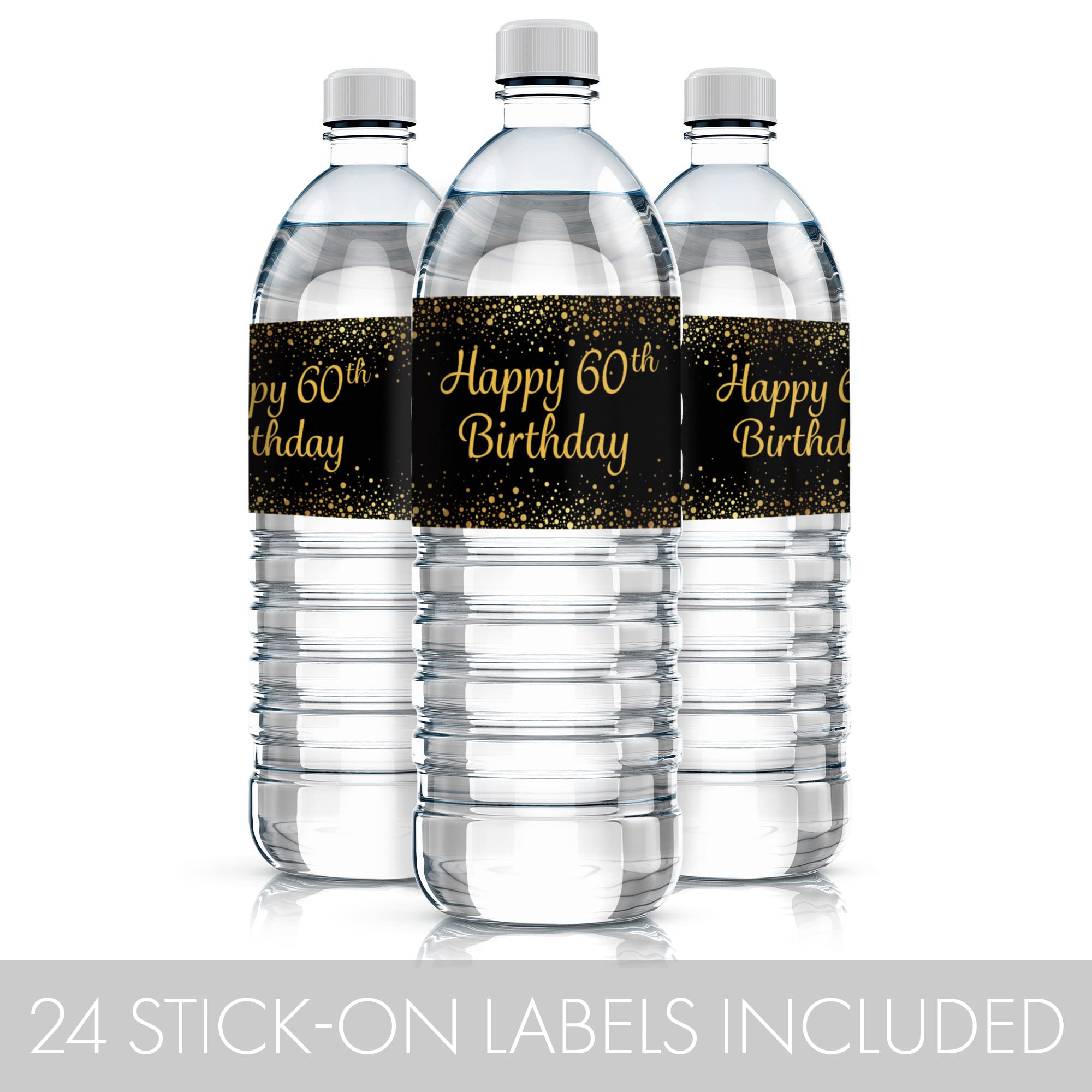 Black And Gold 60Th Birthday Party Water Bottle Labels - 24 Stickers