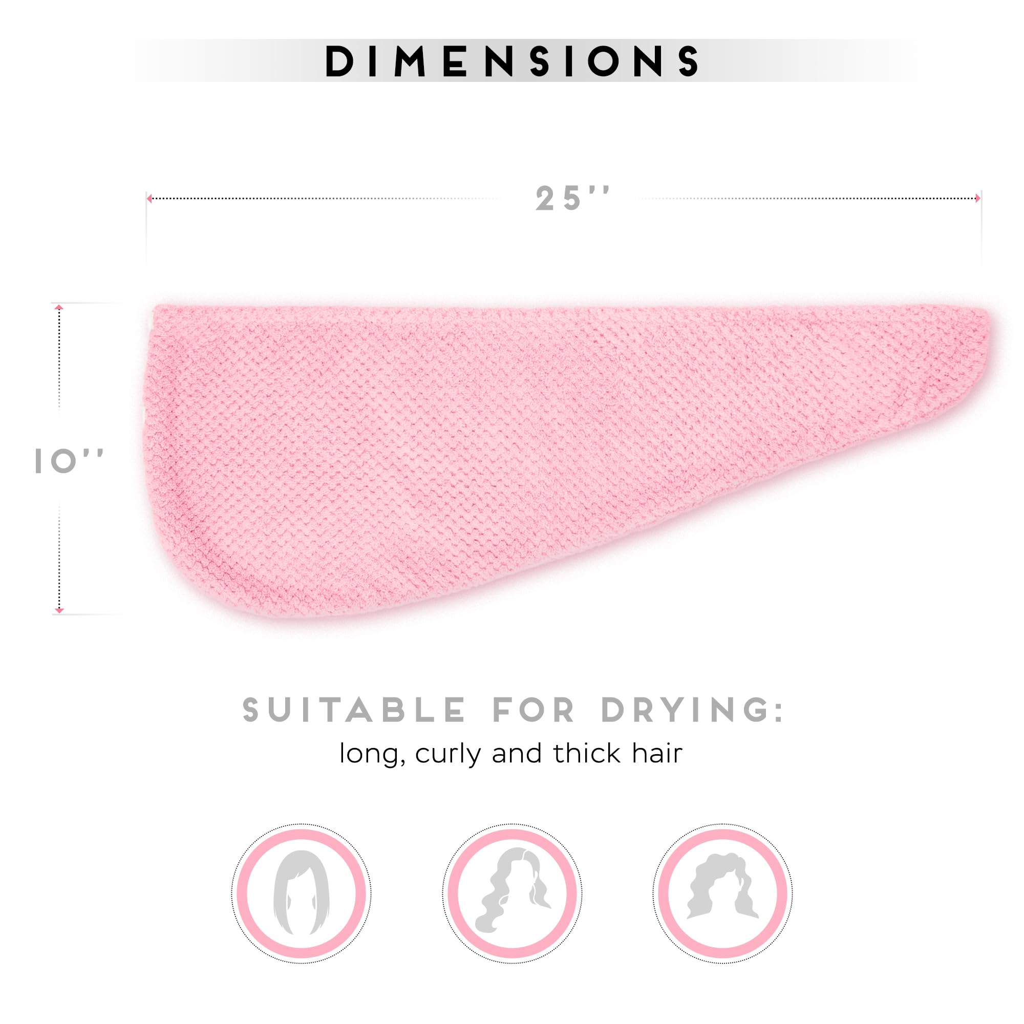 Microfiber Hair Towel for All Hair Style, 2 Pack Quick Drying Hair Turban - Perfect for Women, Men and Kids (Pink)